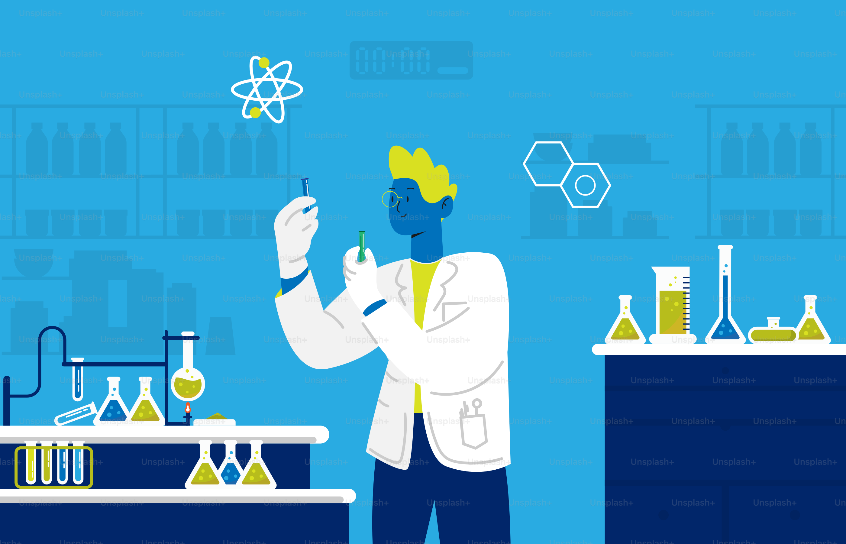 A man standing in front of a lab filled with test tubes