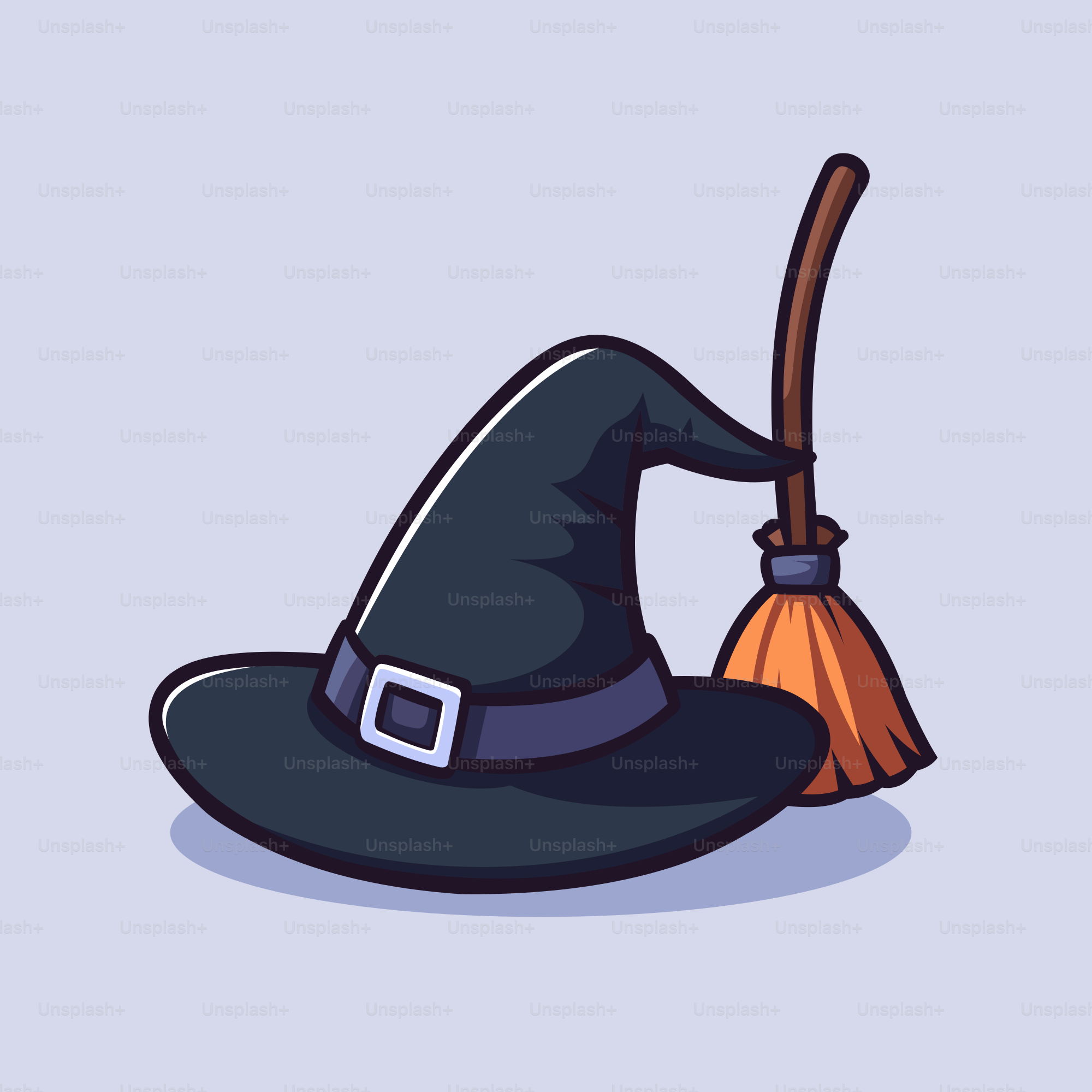 A witch's hat and broom on a blue background