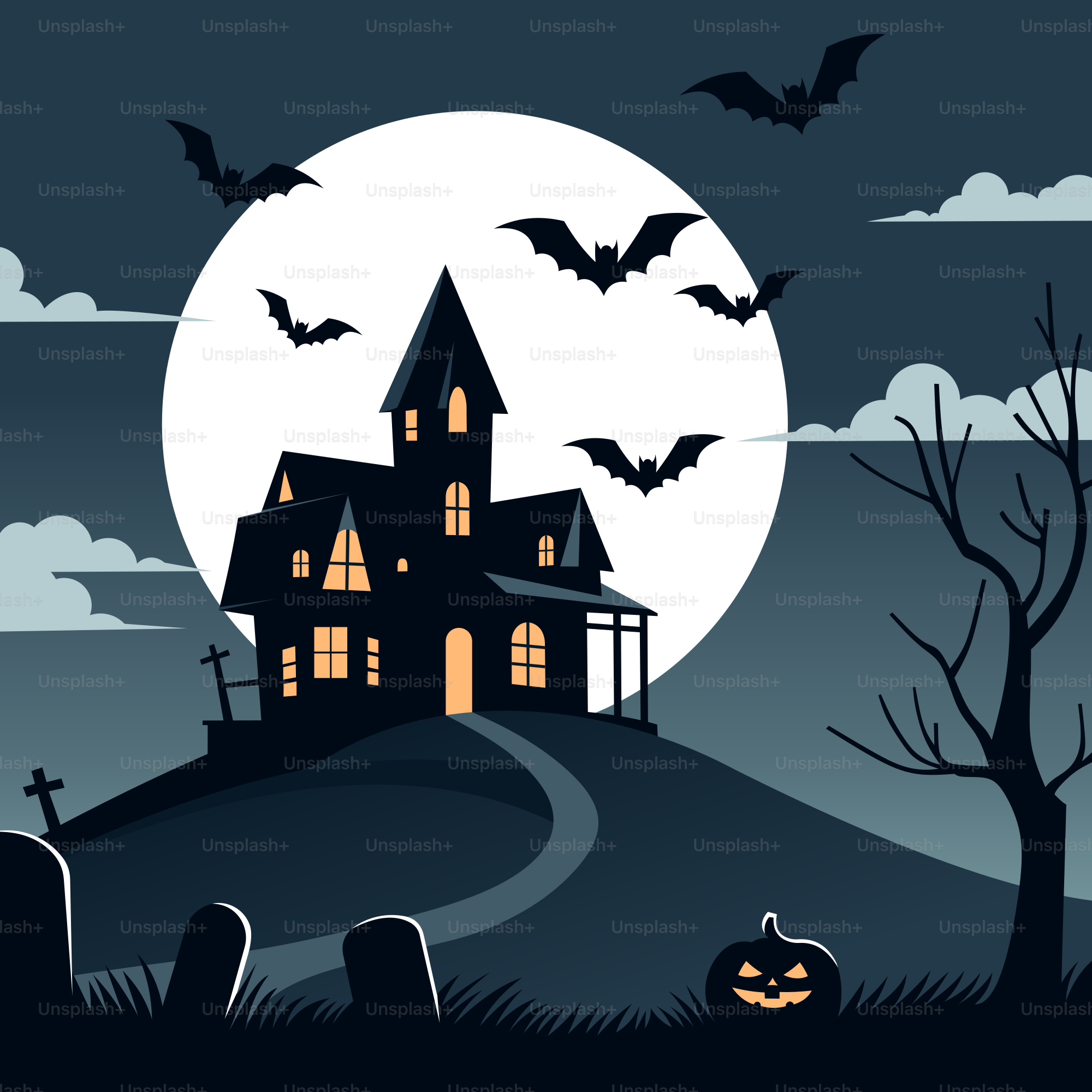 A spooky house with a full moon in the background