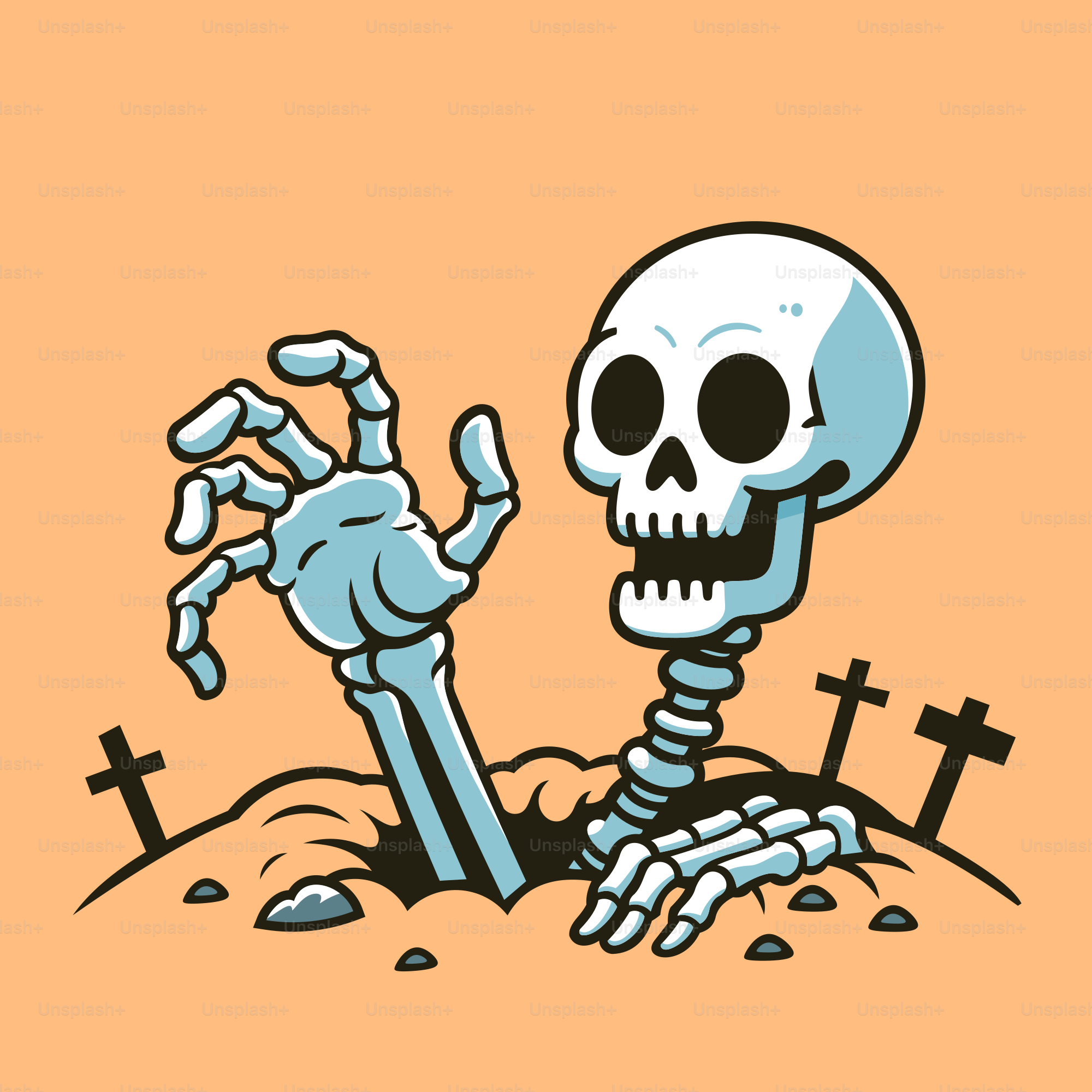A skeleton sitting on the ground with a cross in the background