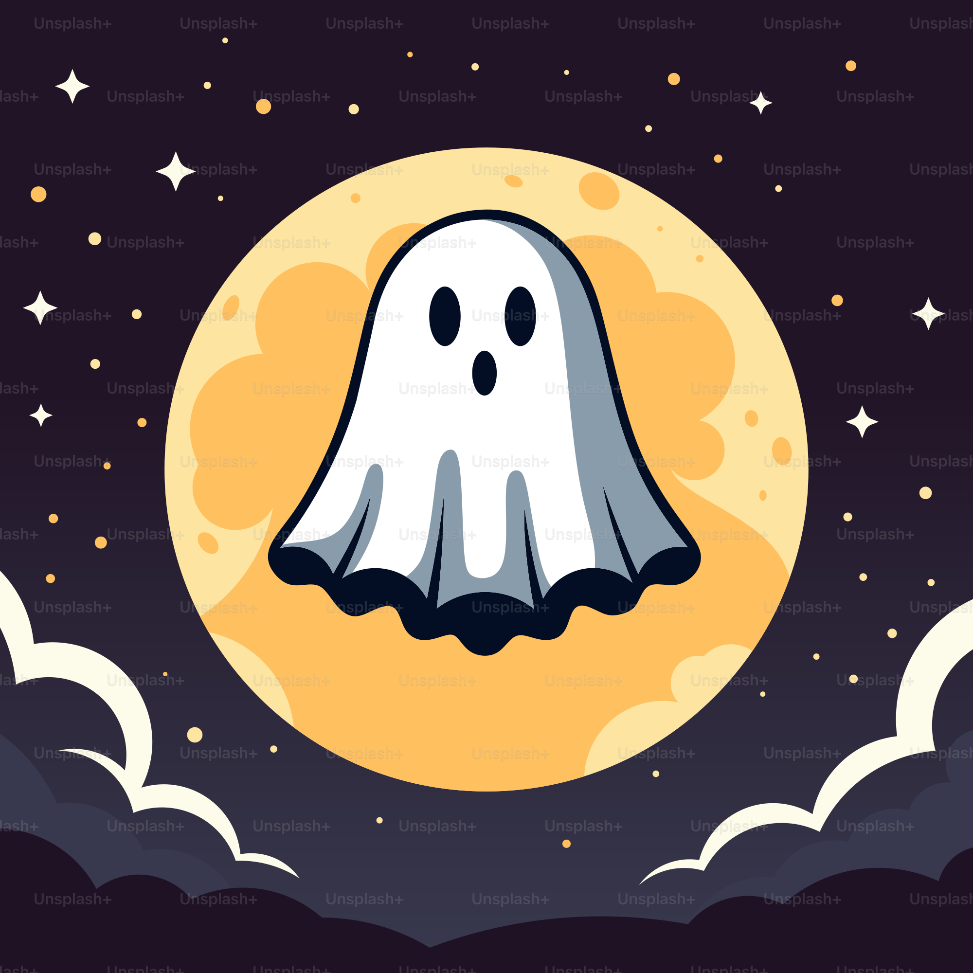 A cartoon of a ghost floating in the sky