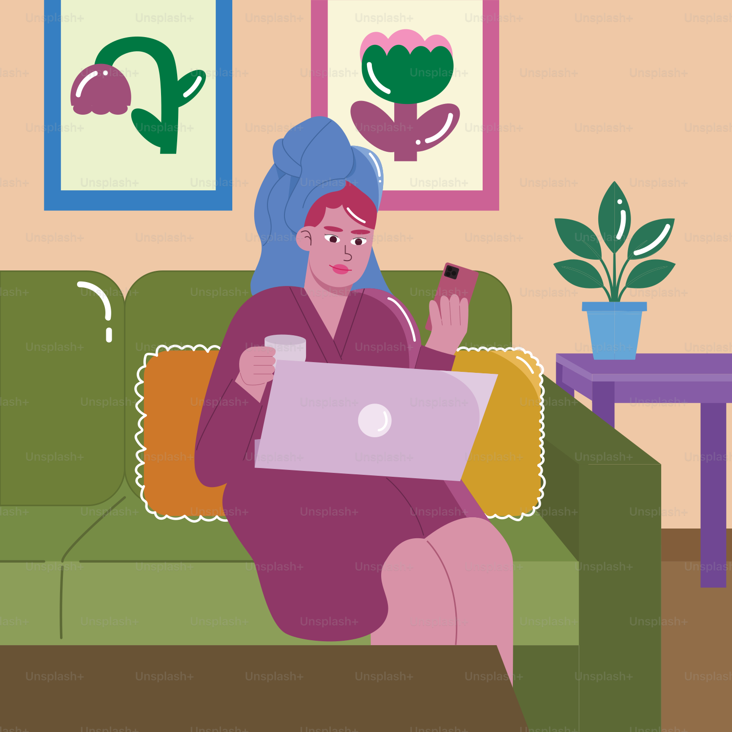 A woman sitting on a couch with a laptop