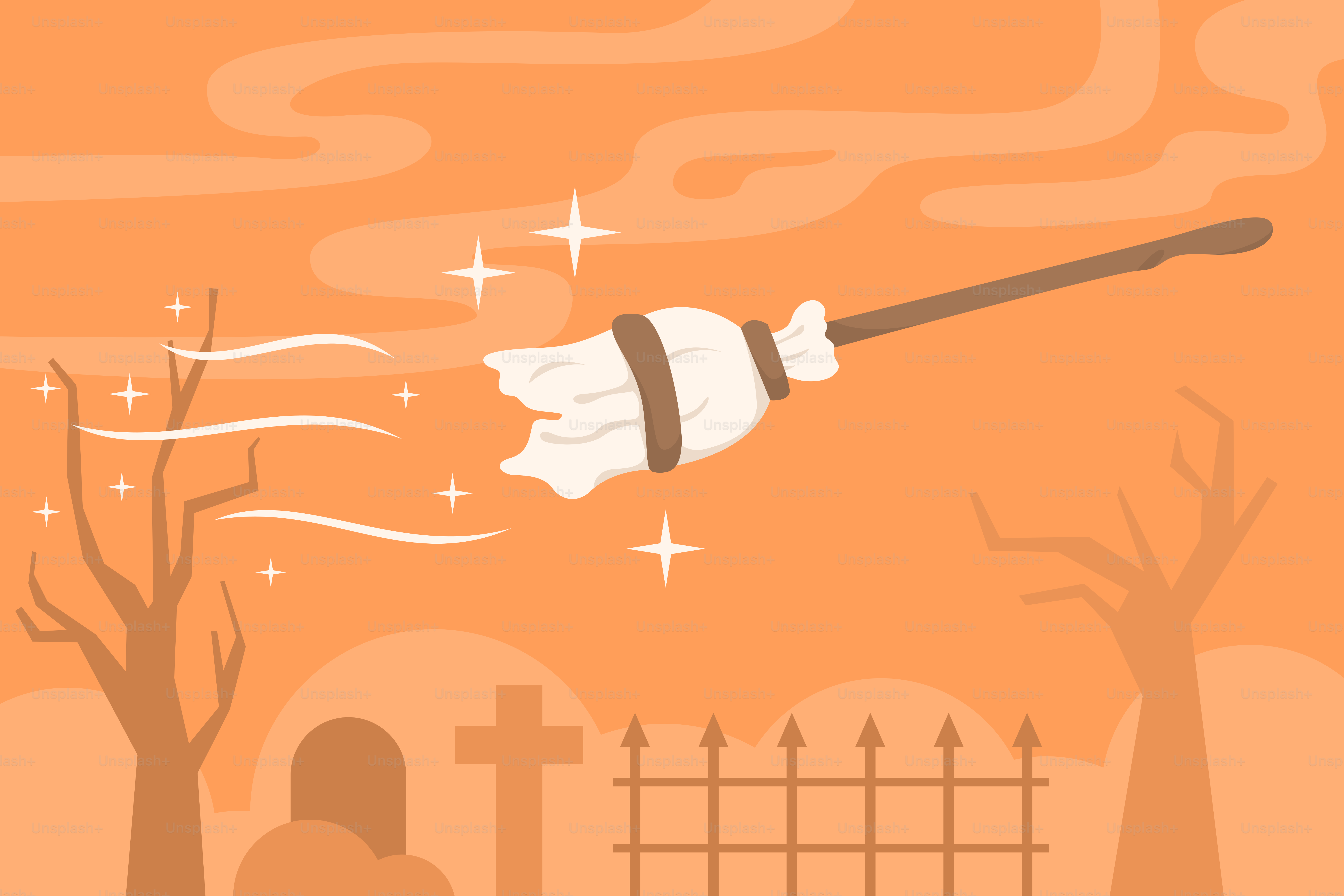 A cartoon of a witch flying over a cemetery