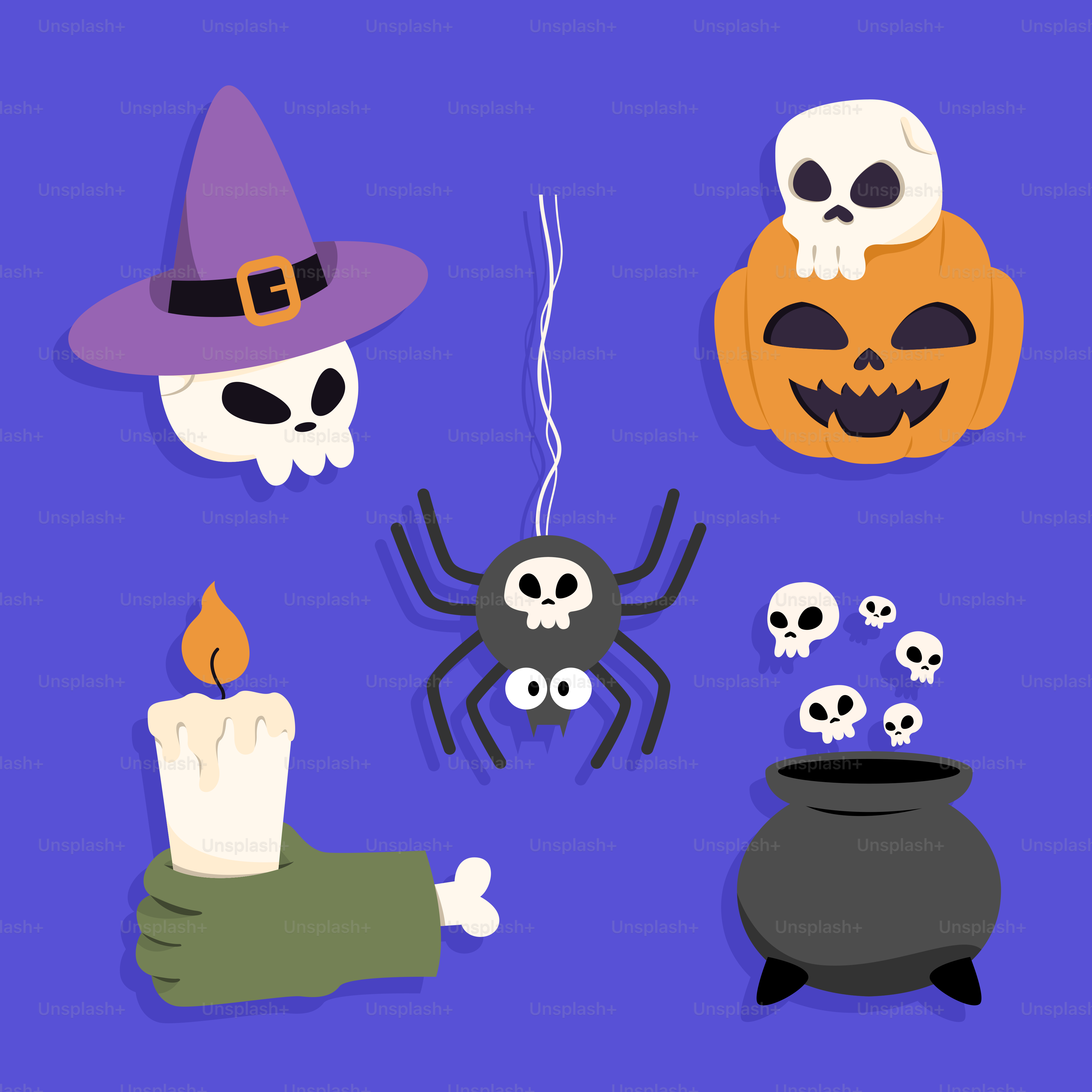 A group of halloween items on a purple background