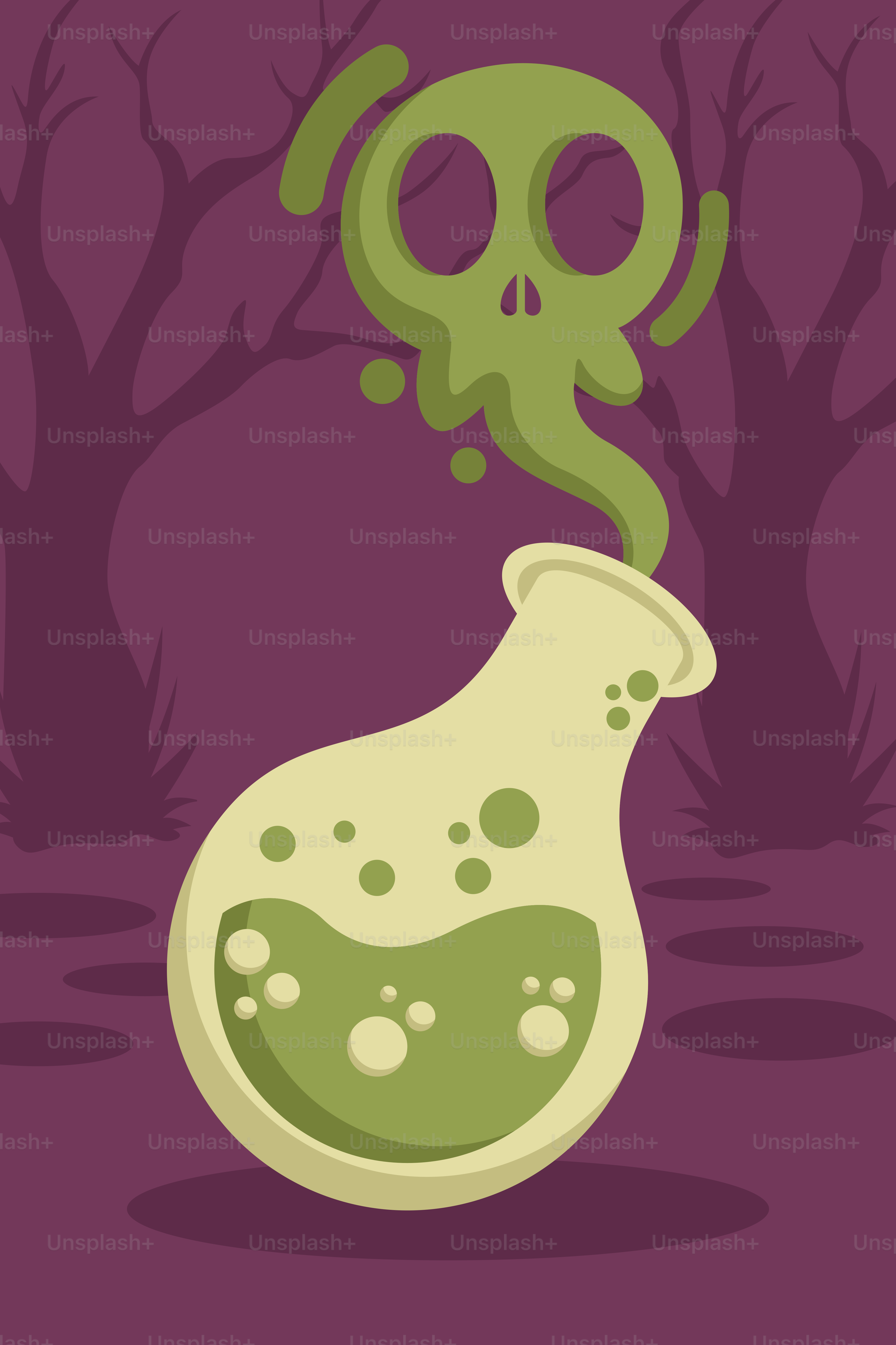 A cartoon of a green substance with a skull in the background