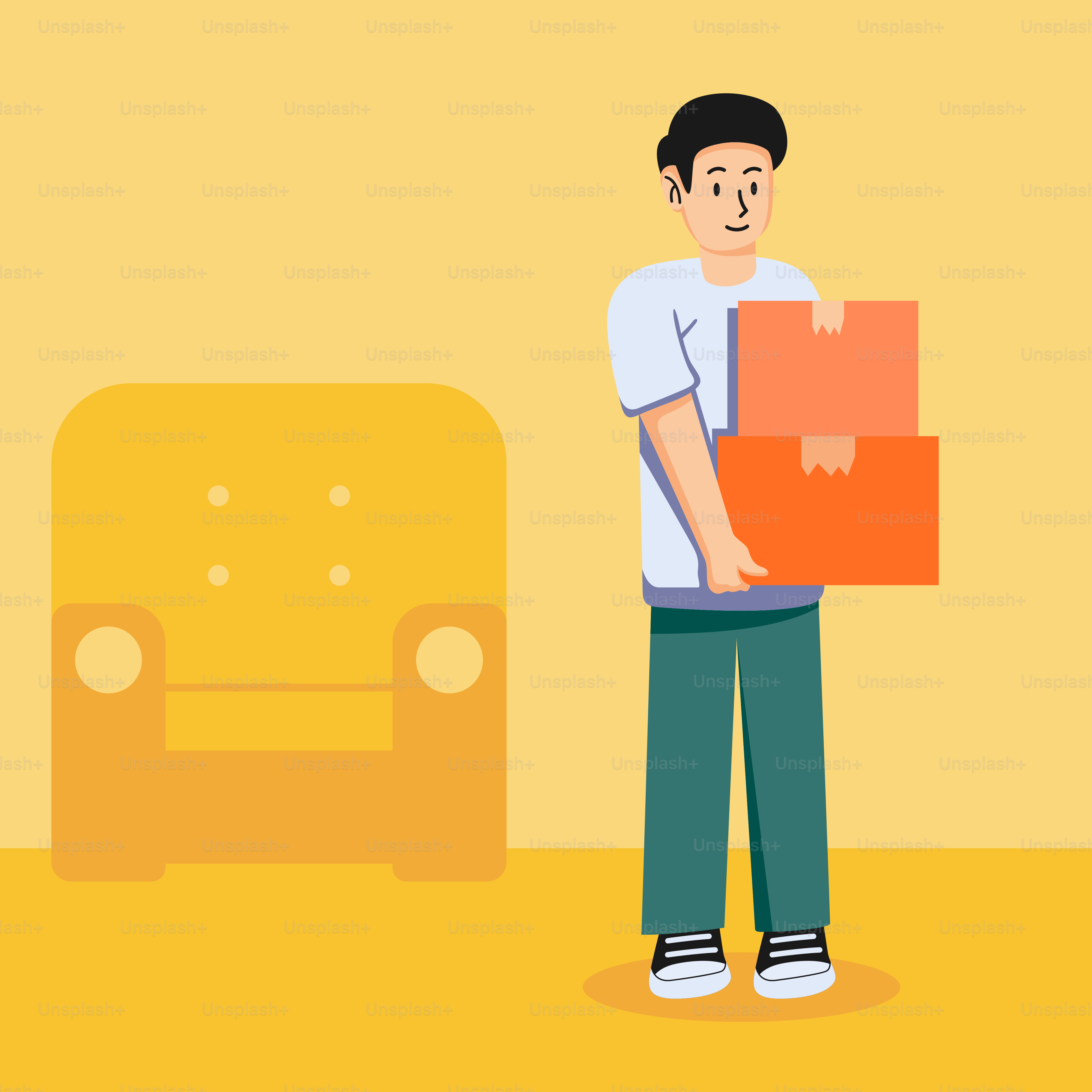 A man holding a box in front of a couch