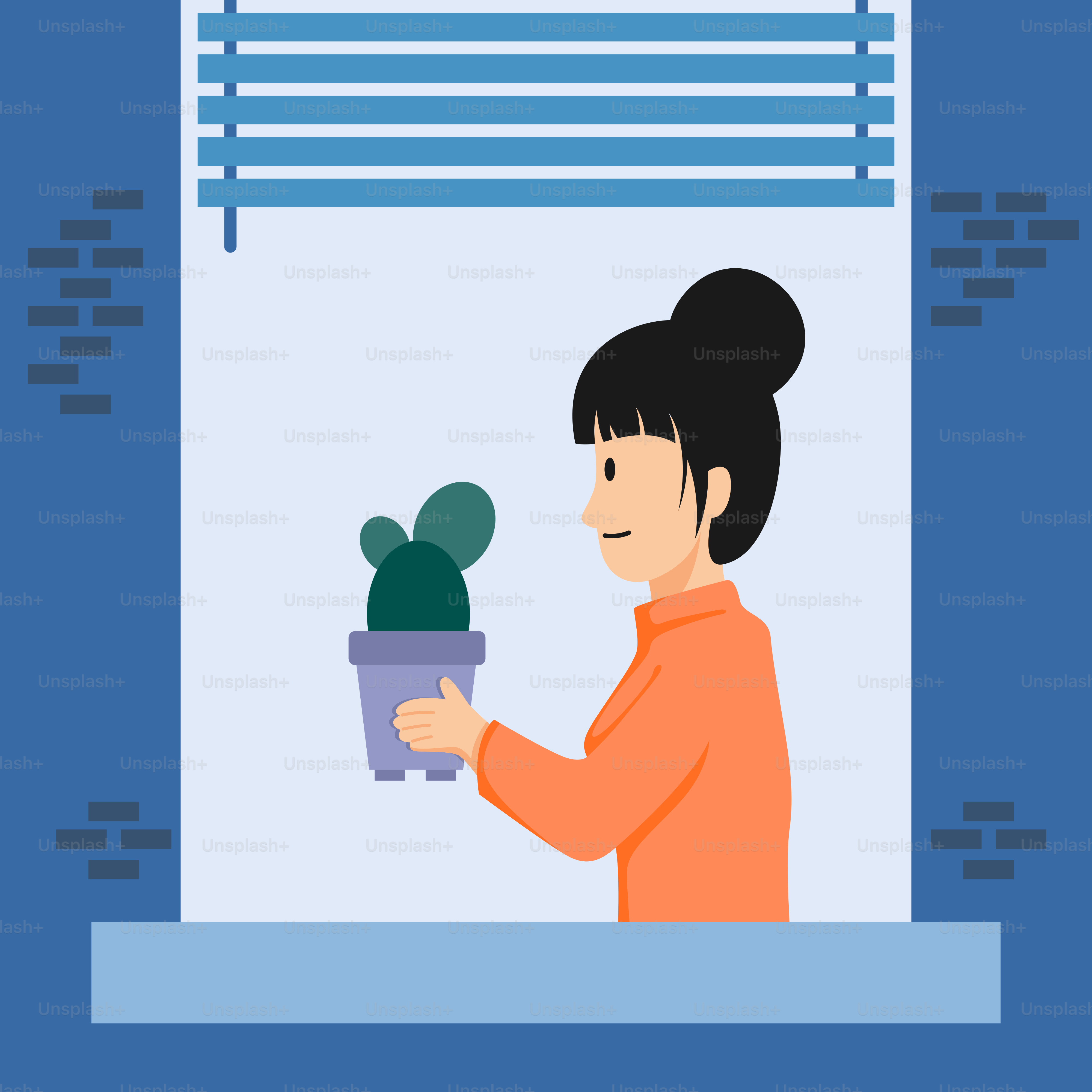 A woman holding a potted plant in front of a window