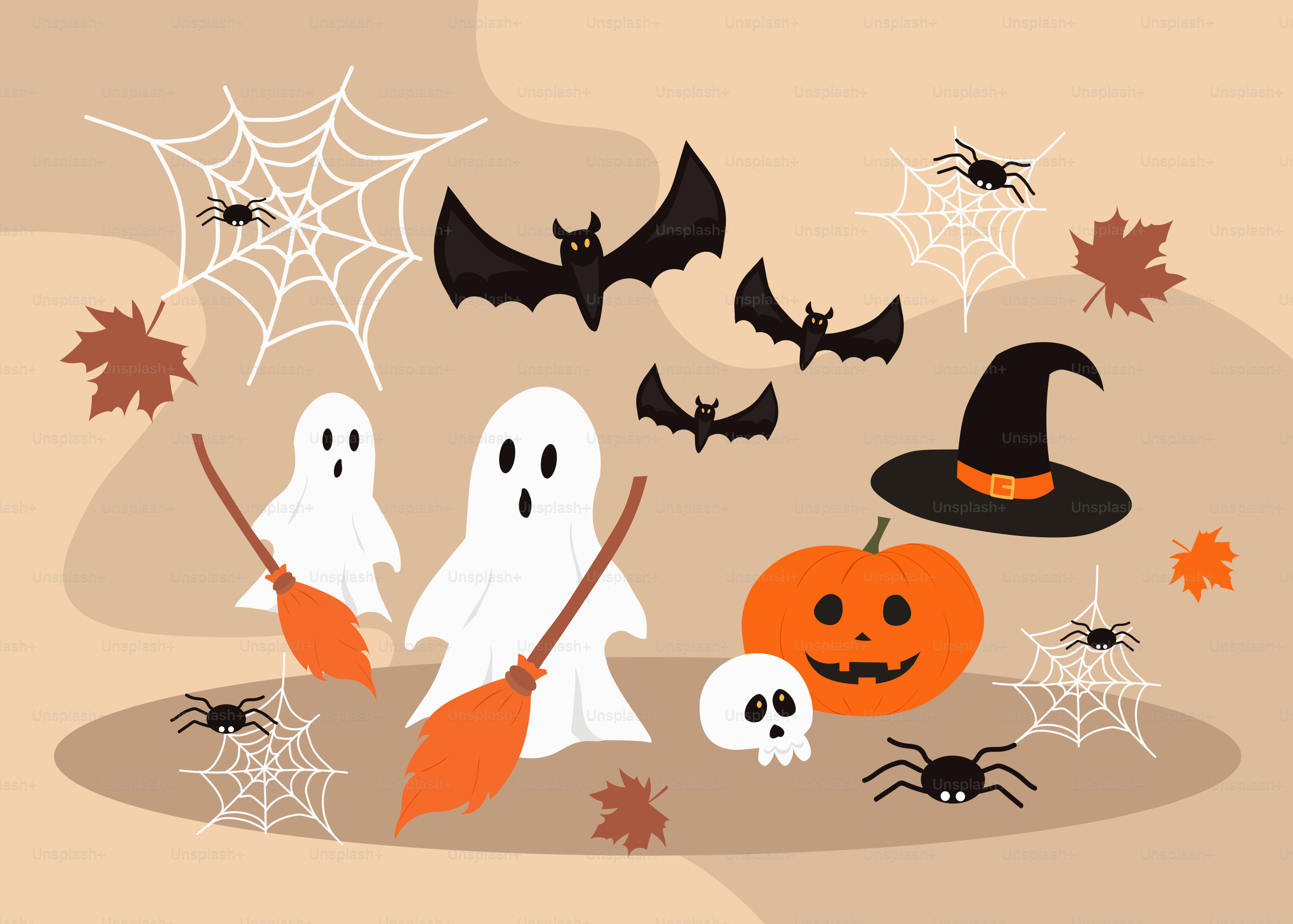 A group of ghost and pumpkins in a field