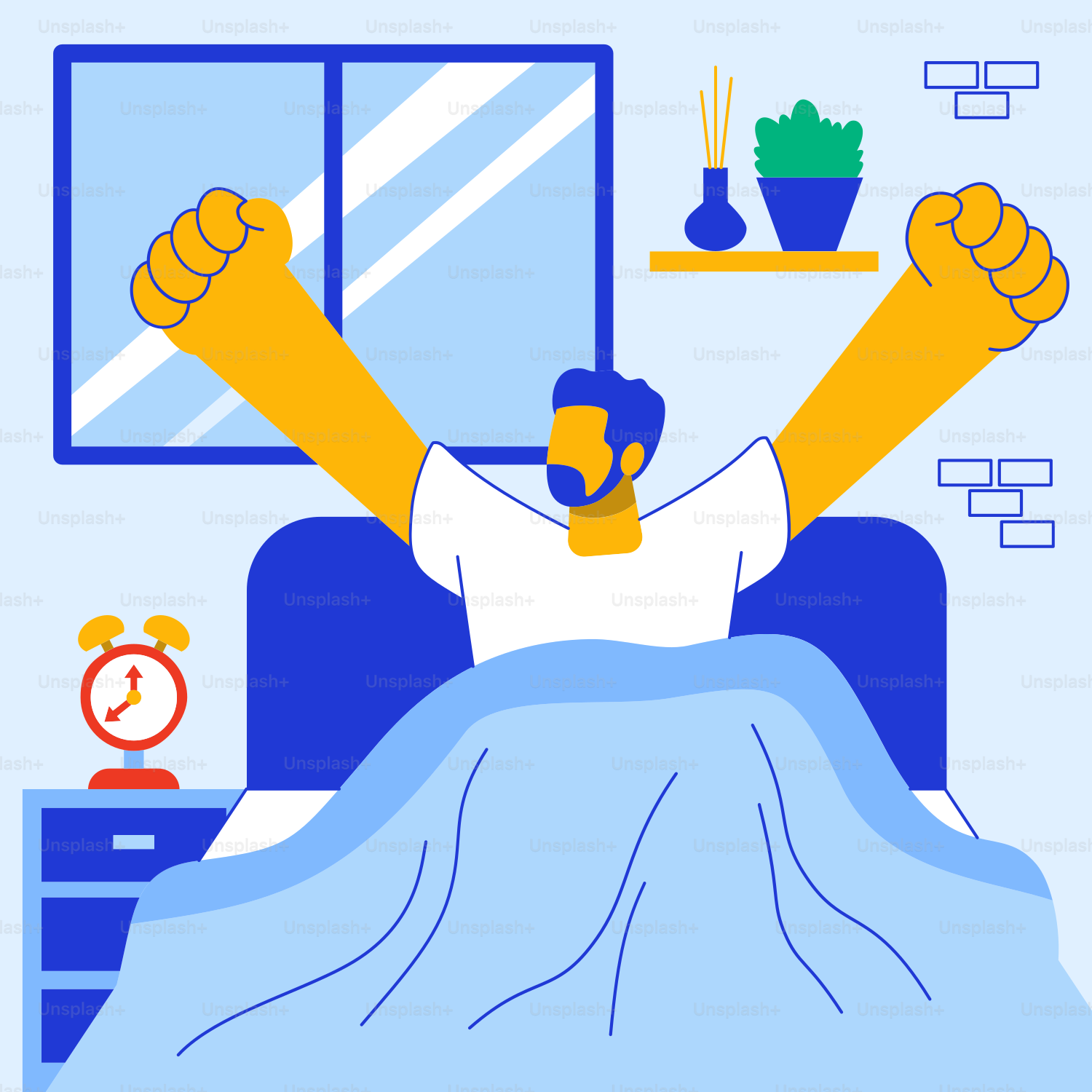 A man in bed with his arms in the air