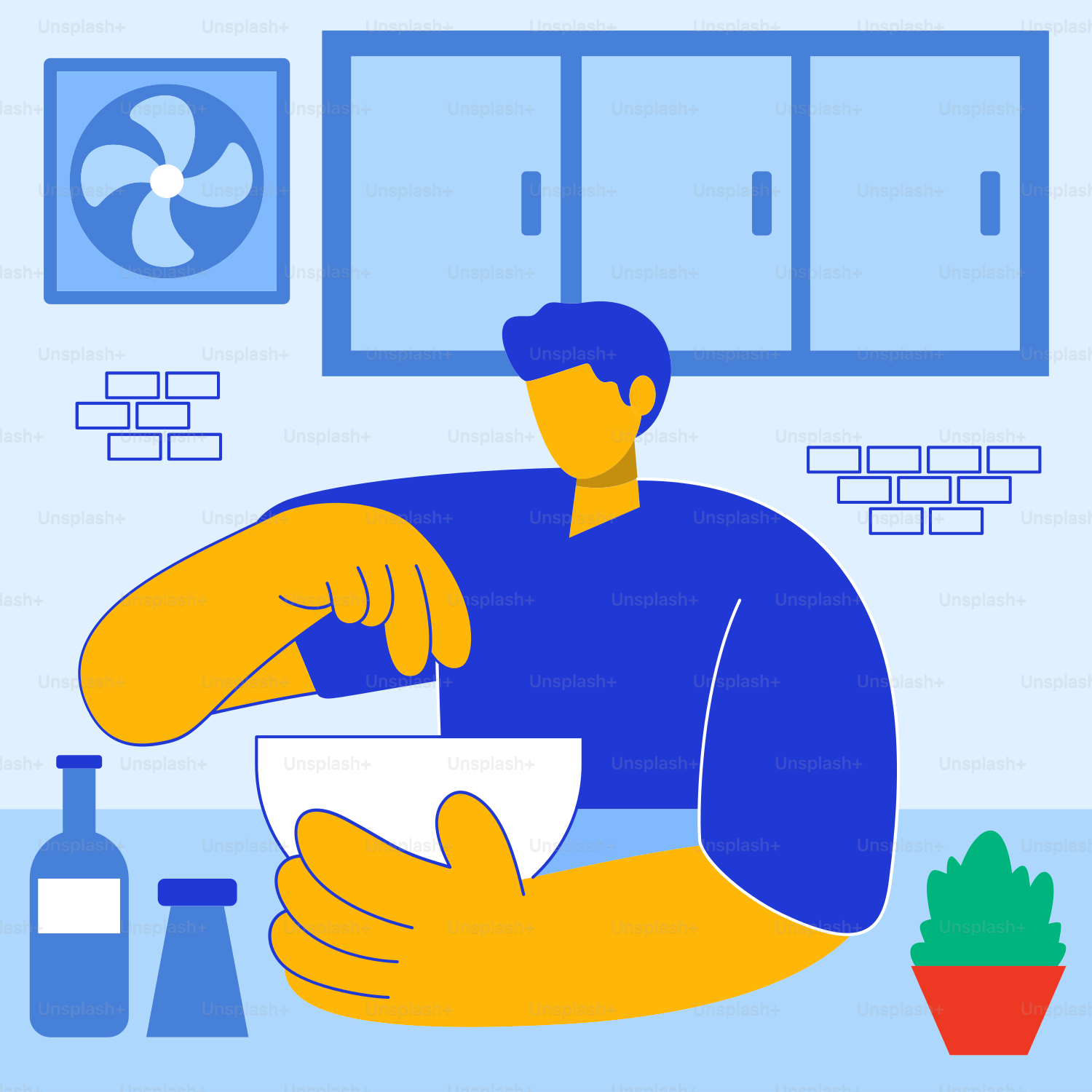 Un uomo seduto a un tavolo con una ciotola davanti a sé