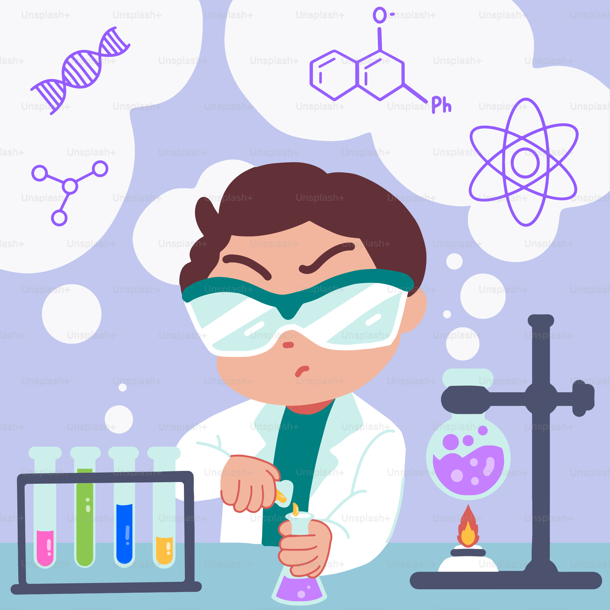 A boy in a lab coat holding a flask
