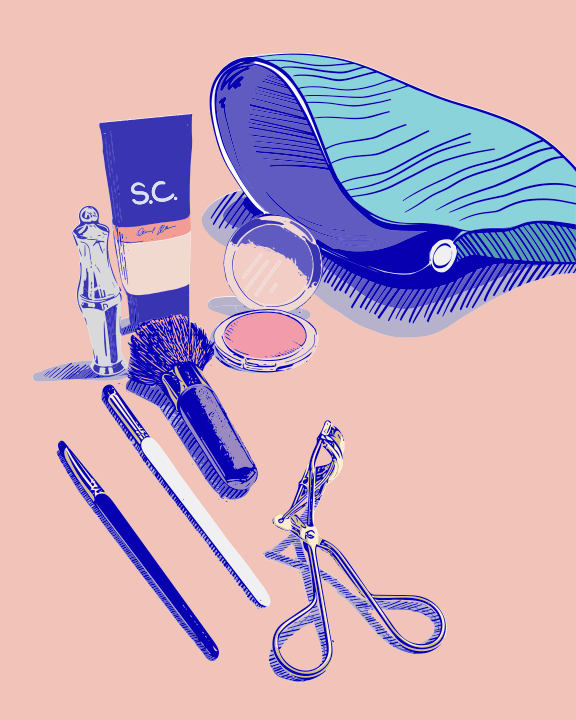A pink background with a blue whale and other items