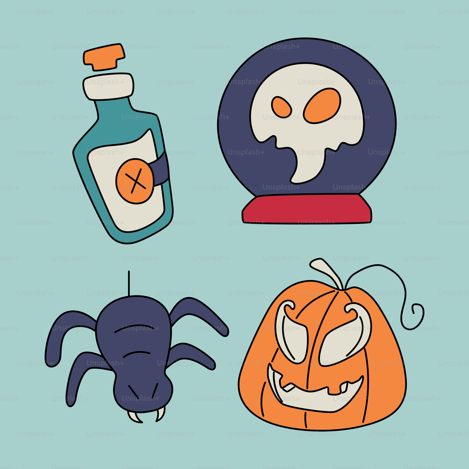 Una collezione di oggetti di halloween su sfondo blu