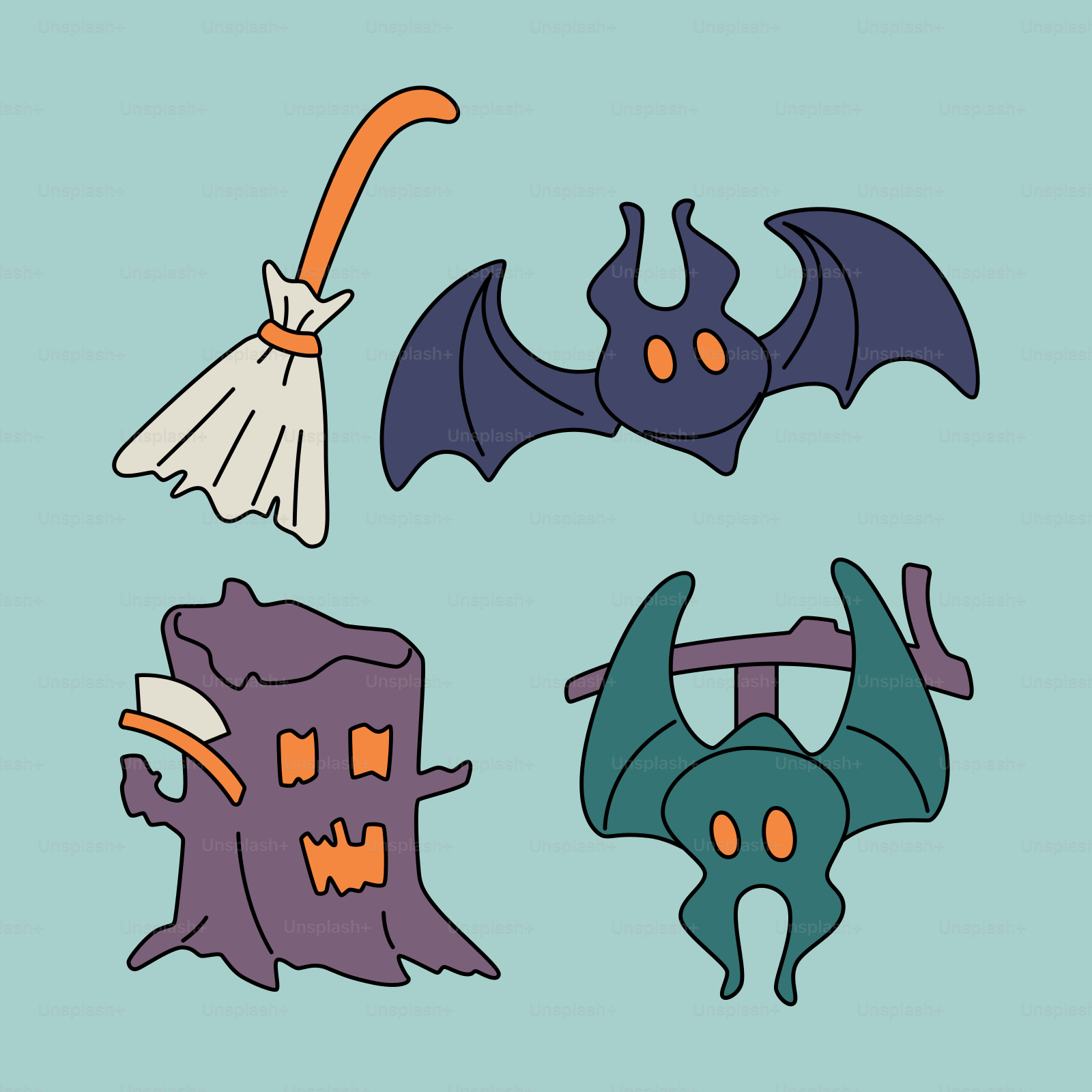 A set of four cartoon bats on a blue background