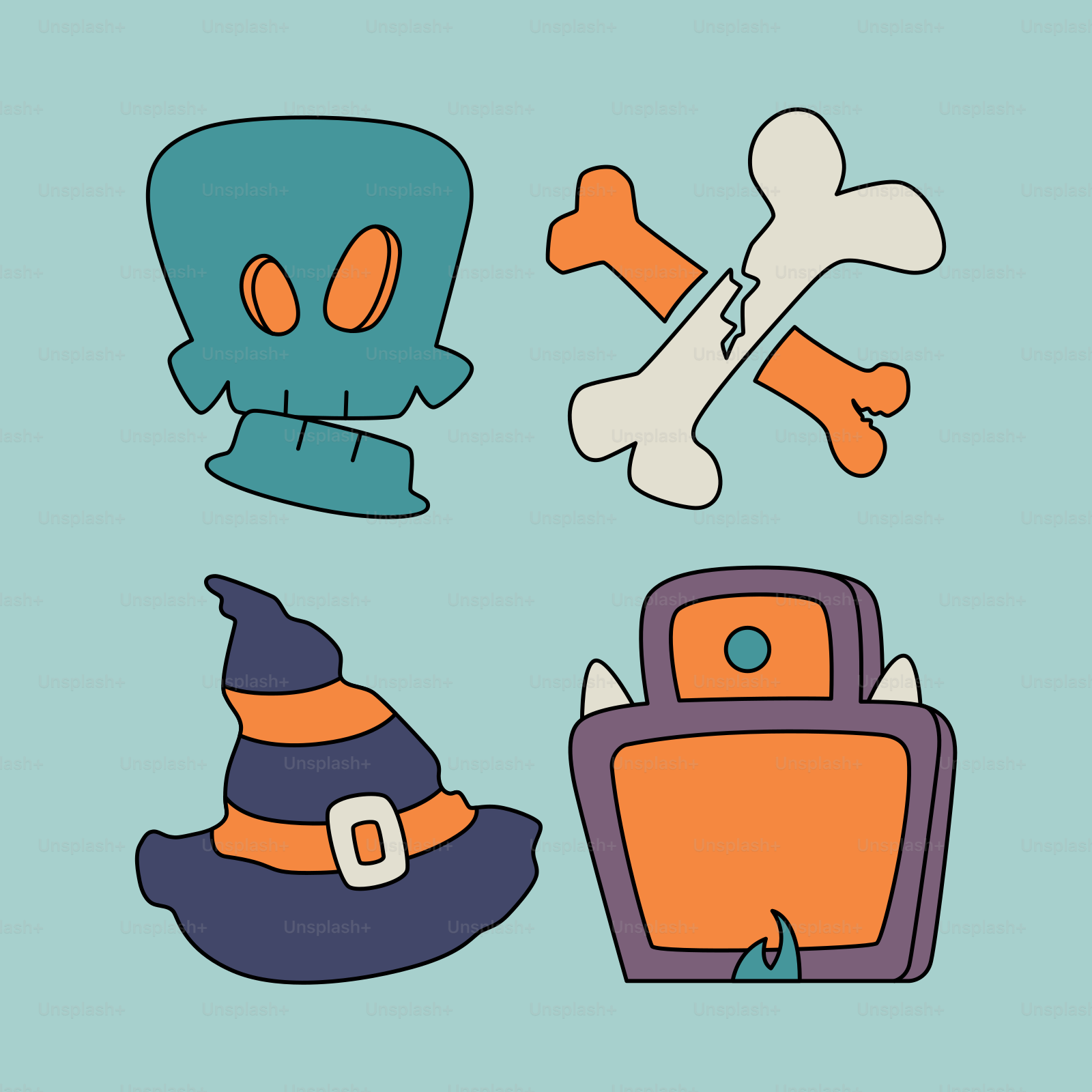 A collection of halloween items on a blue background