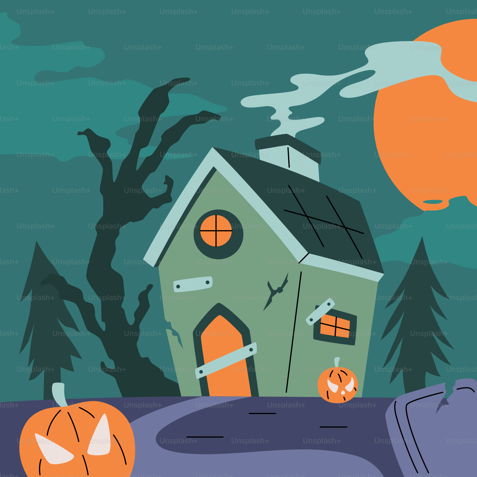 A halloween scene with a house and pumpkins