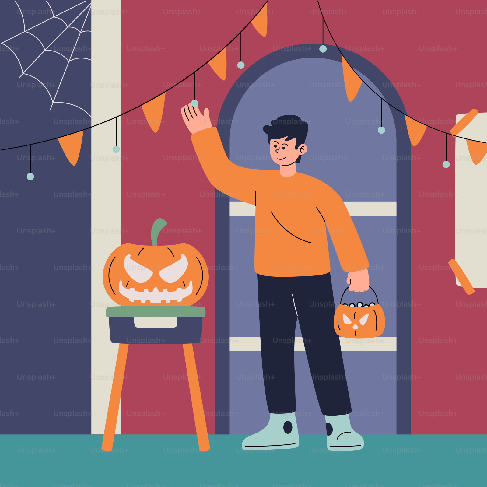 A man standing in front of a door with a jack - o'- lantern