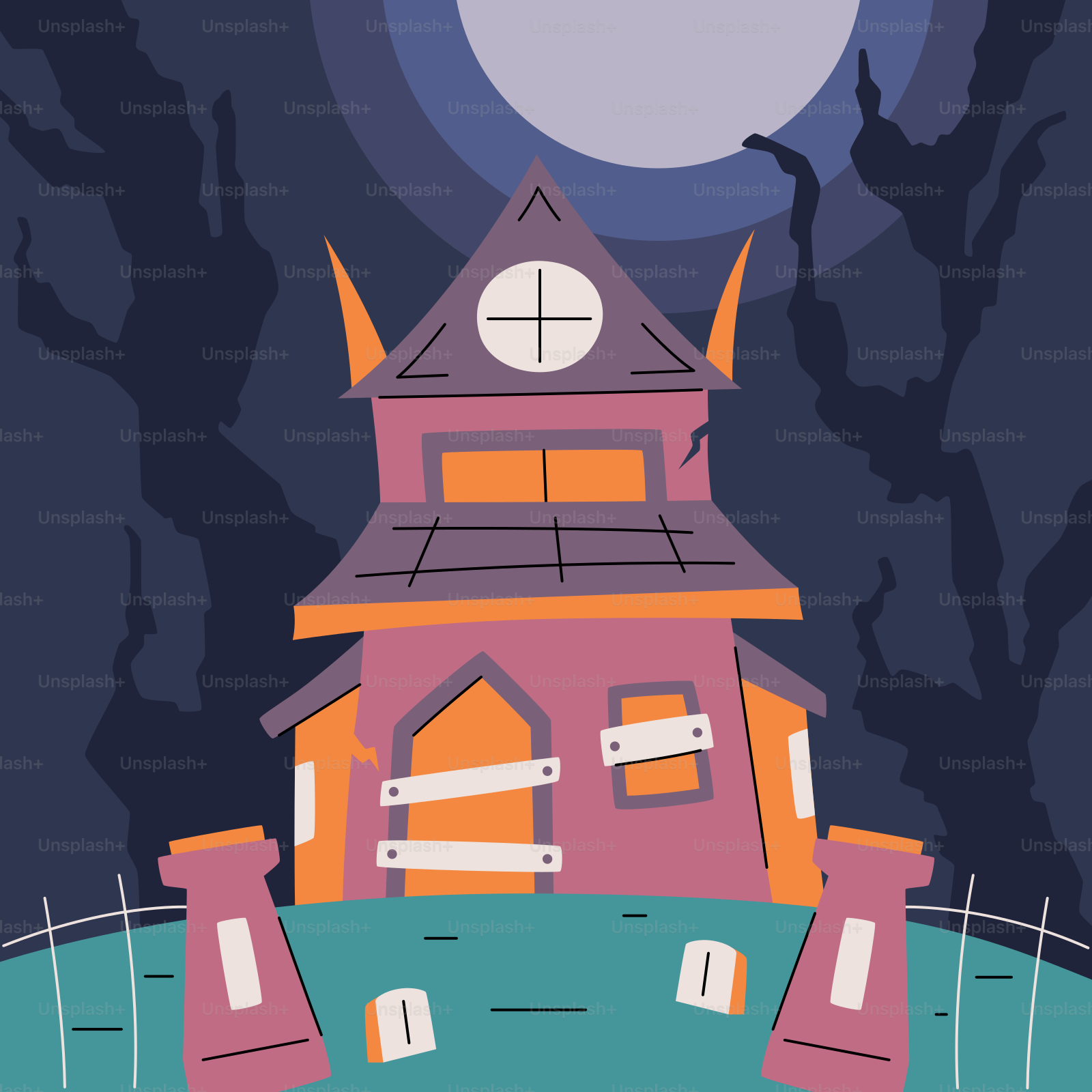 A cartoon house with a full moon in the background