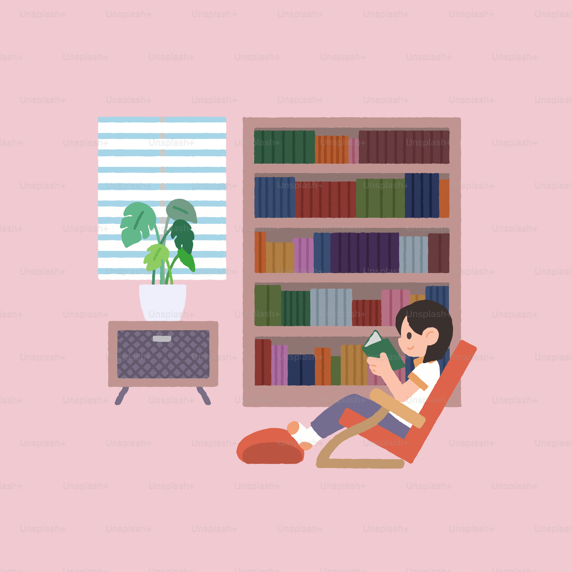 A person sitting in a chair in front of a book shelf