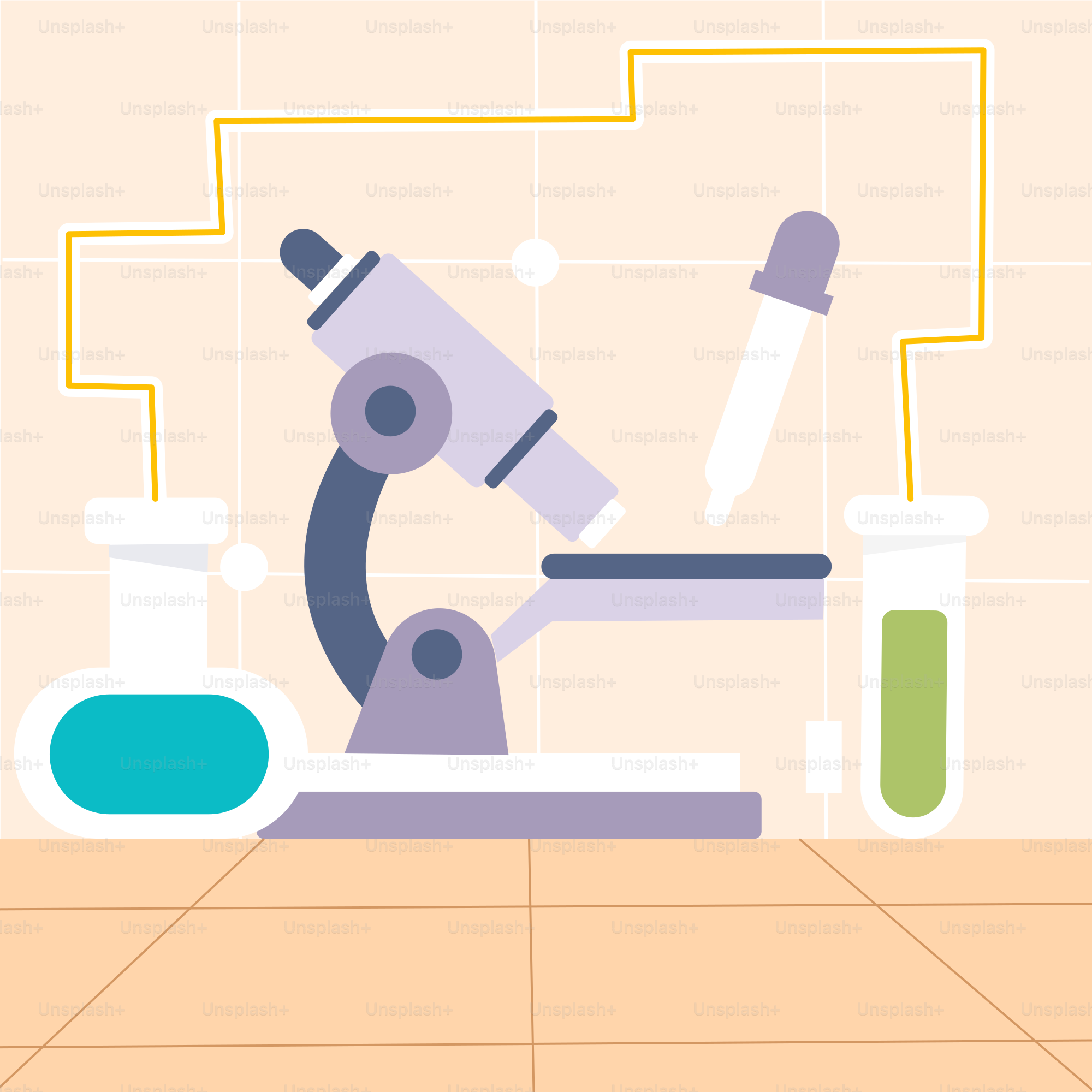 Ein Mikroskop und ein paar Reagenzgläser in einem Raum