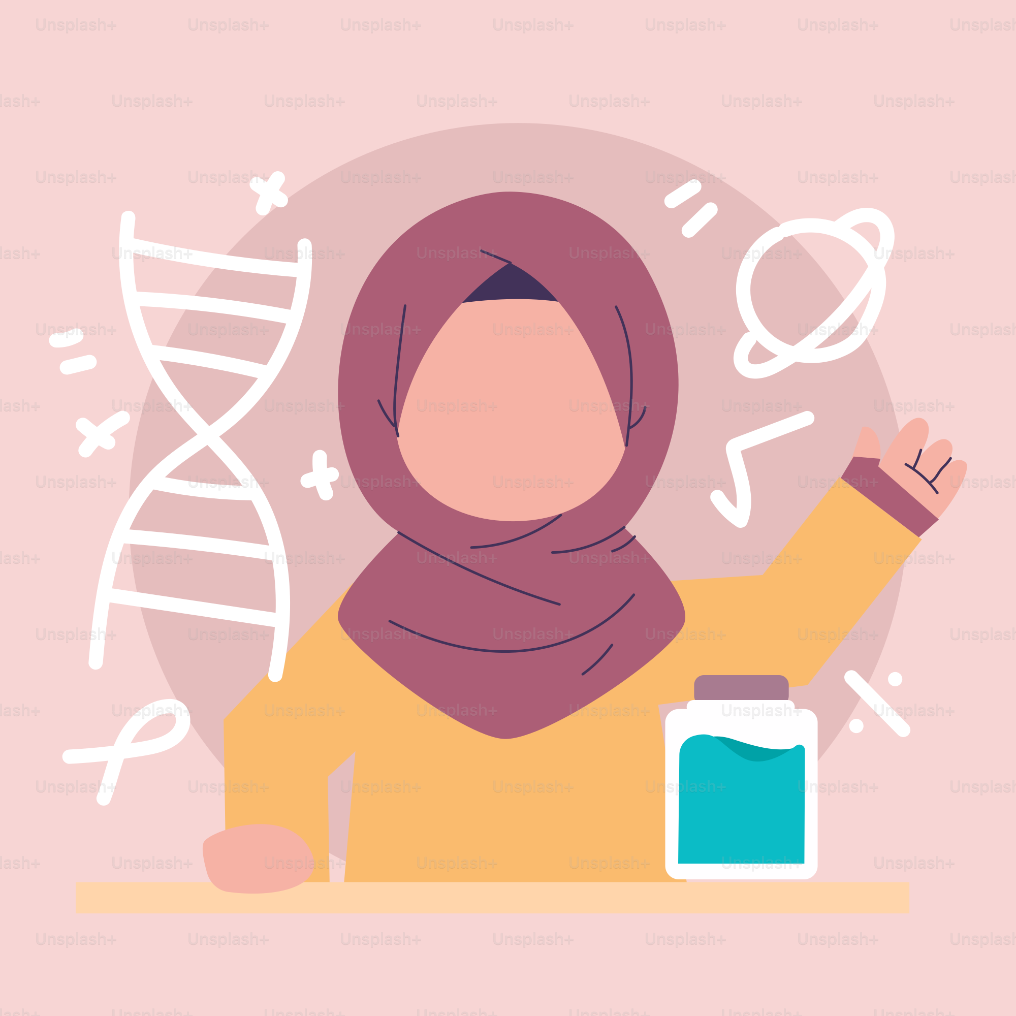 Seorang wanita berjilbab duduk di meja