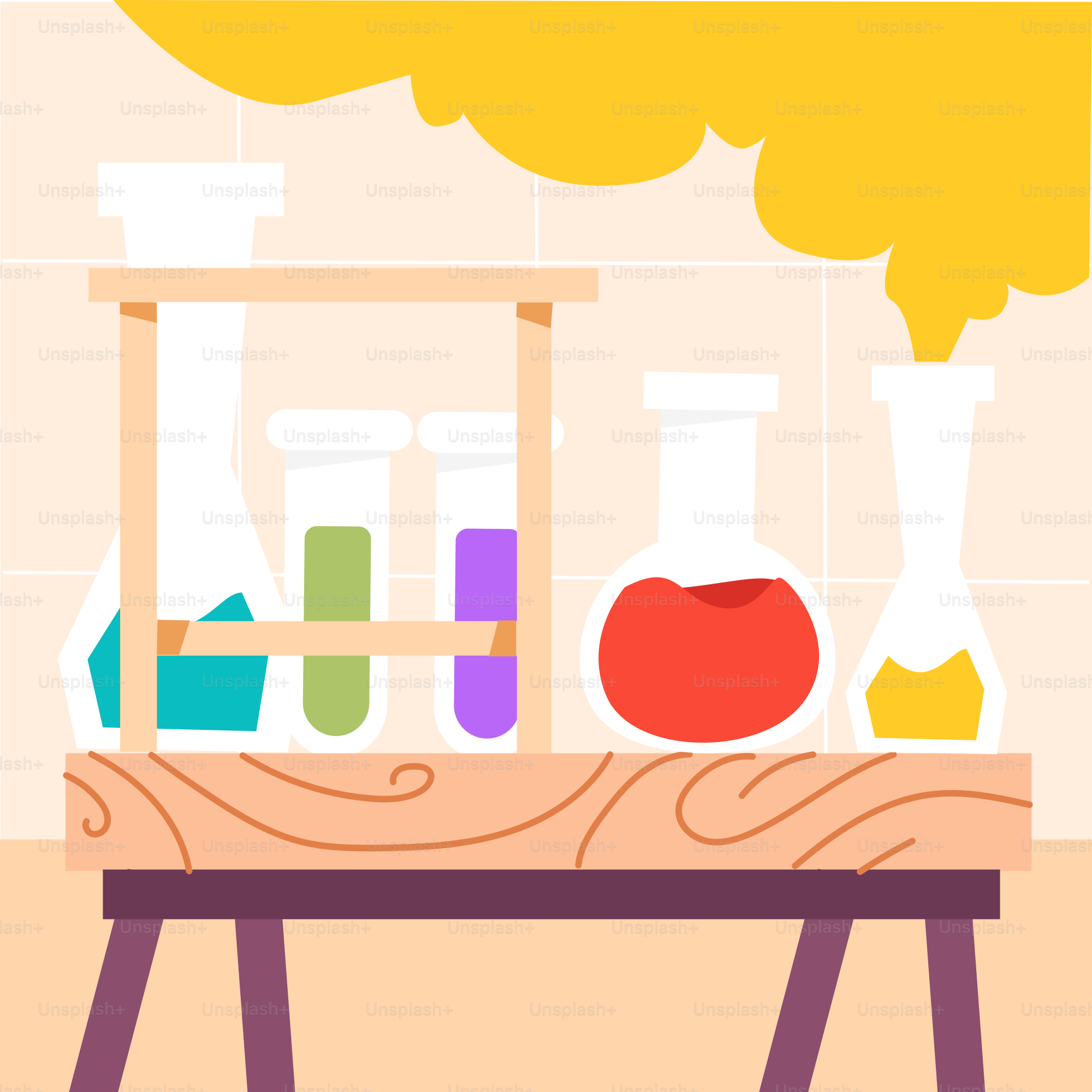 Ein Tisch mit einem Haufen Reagenzgläser darauf