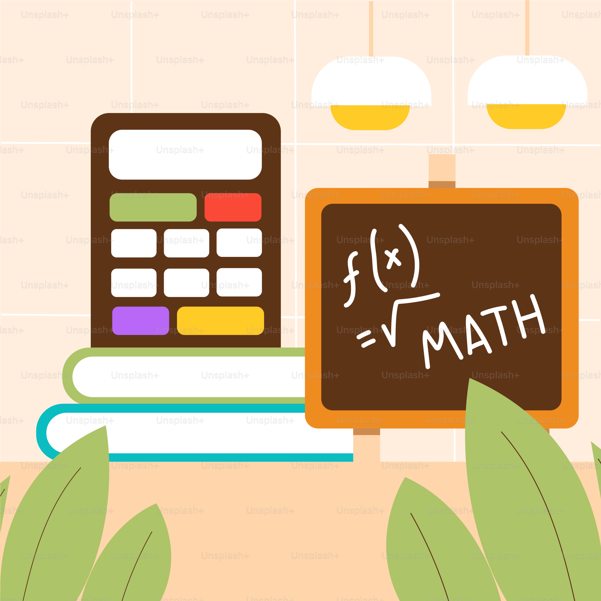 A blackboard with a formula on it next to a pile of books