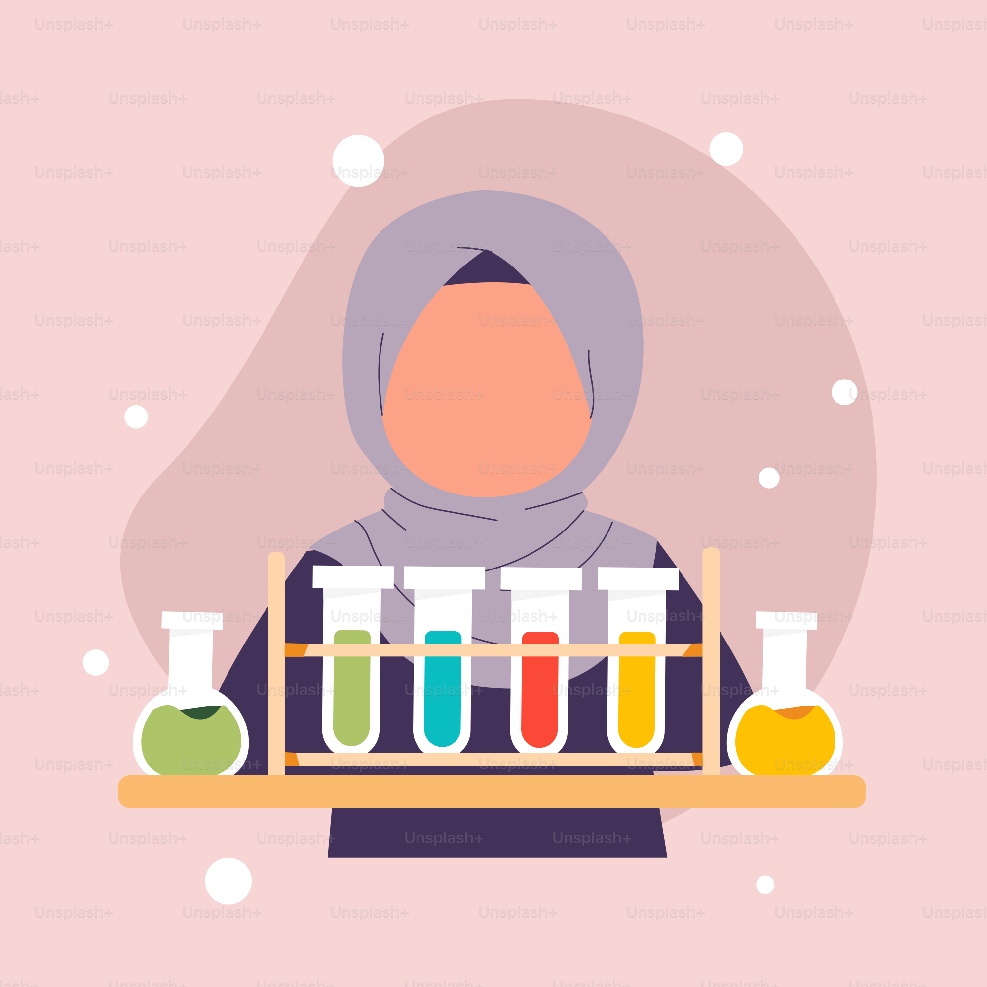 A woman holding a tray with test tubes and flasks