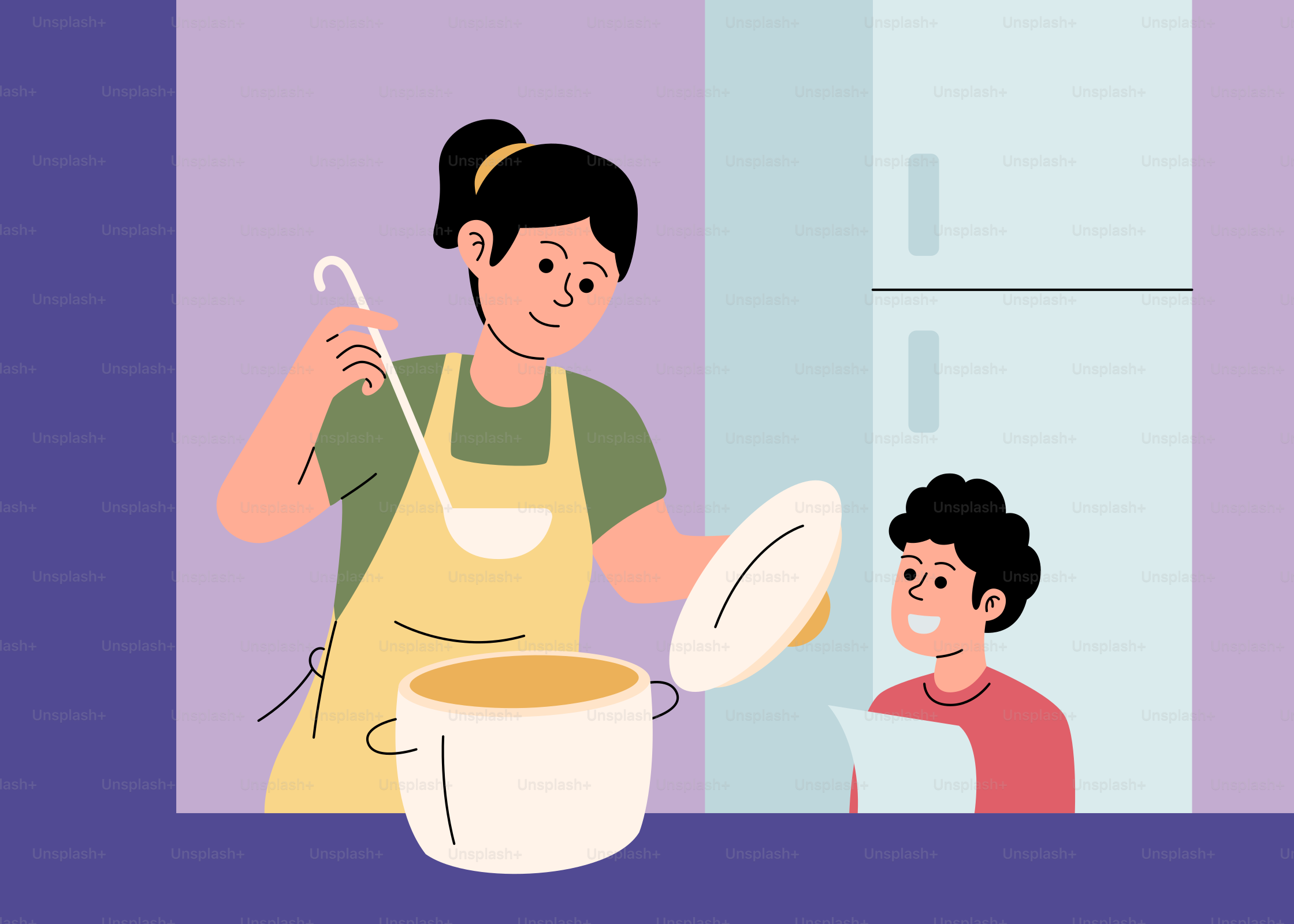 A woman is cooking with a child in the kitchen