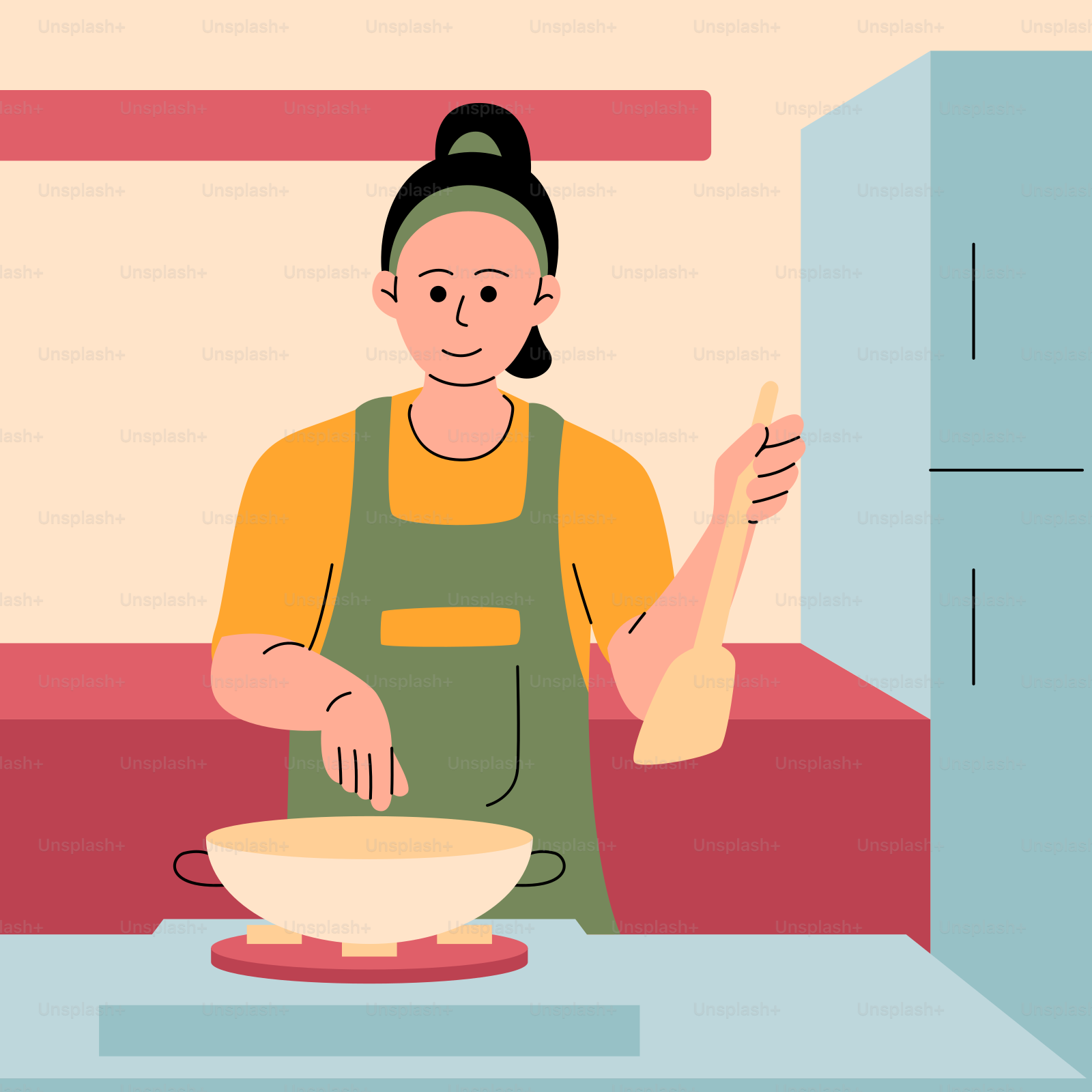 A woman standing in a kitchen preparing food