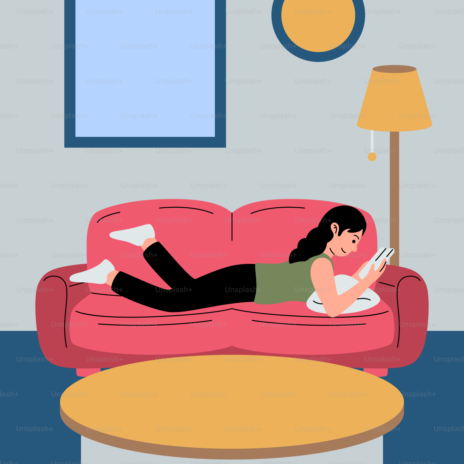 A woman laying on a pink couch in a living room