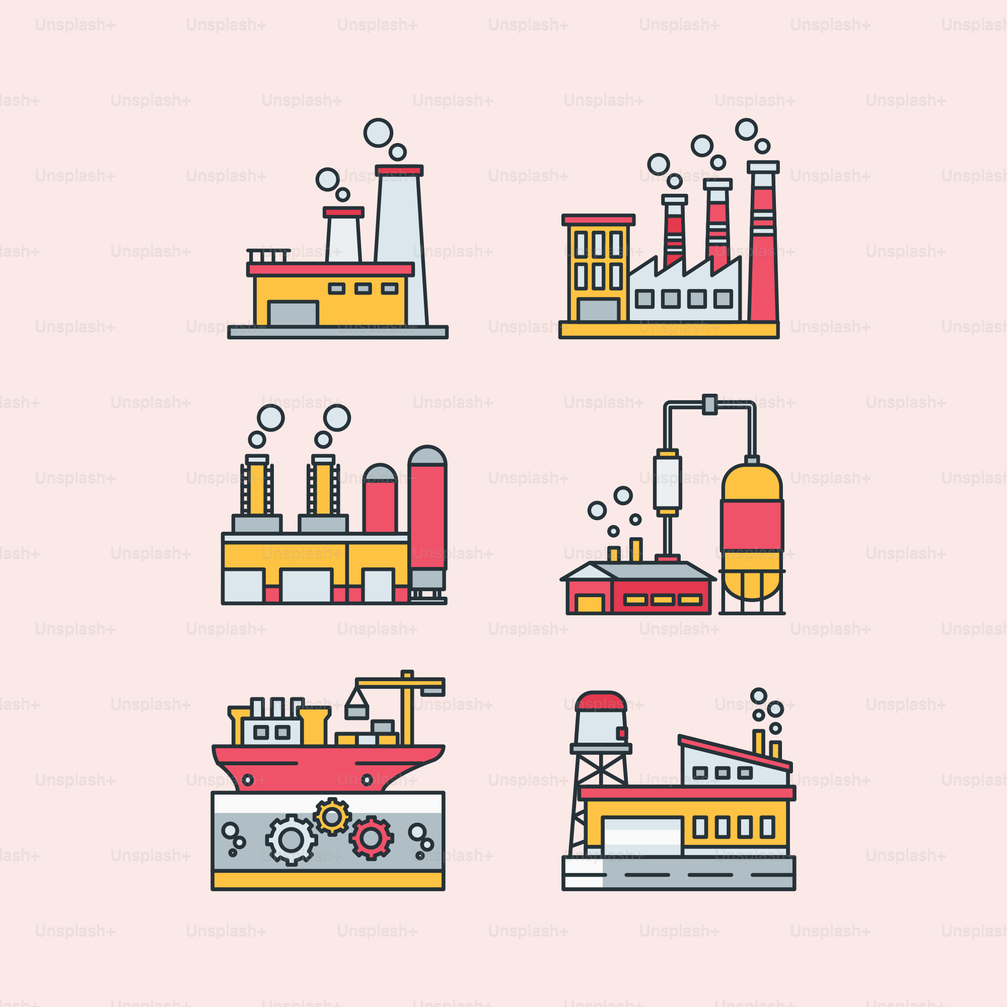 A series of pixelistic illustrations of factory buildings