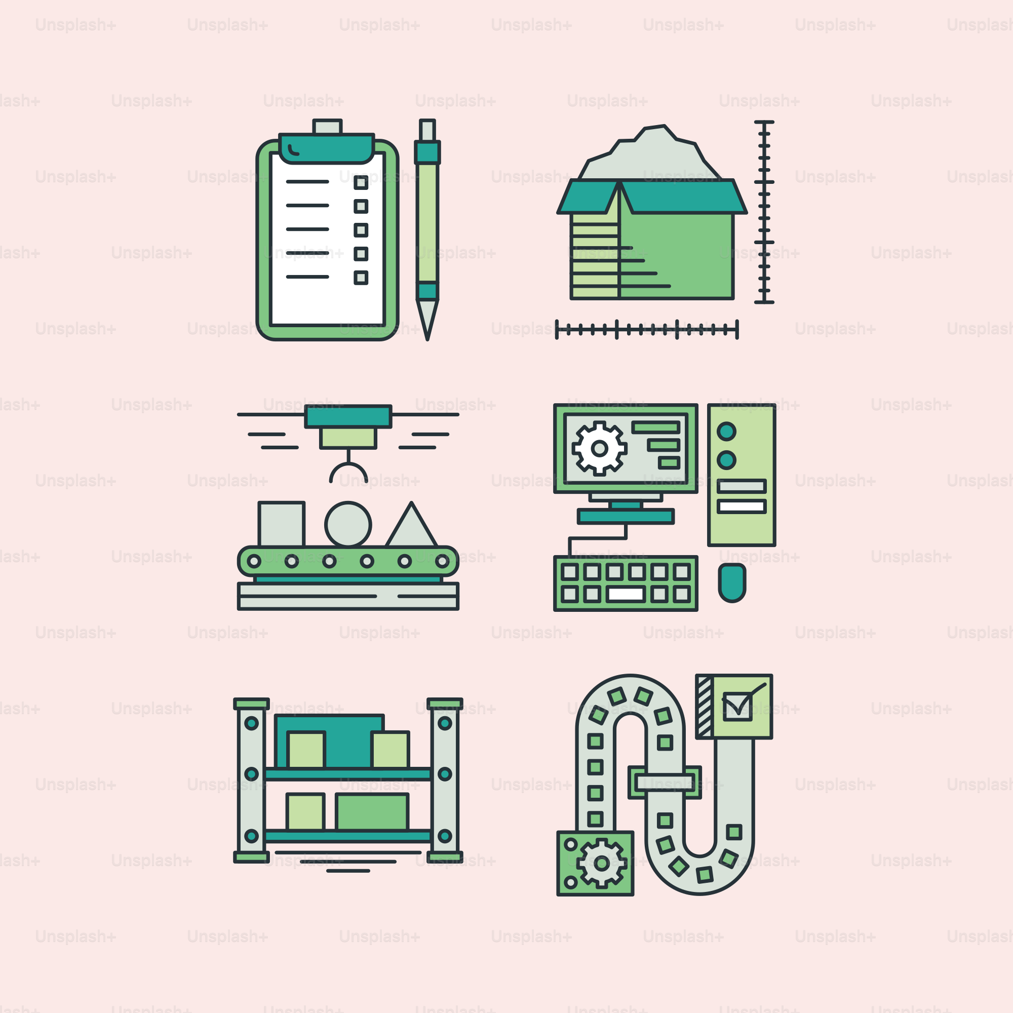 A pink background with green and white icons