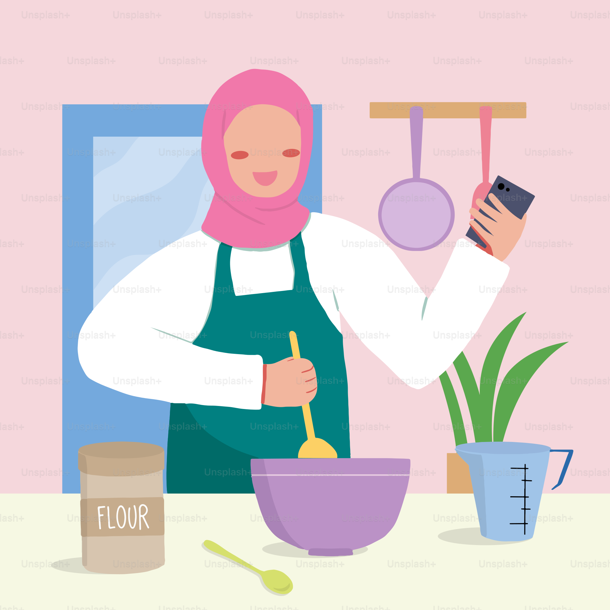 A woman in a pink hijab mixing a bowl of food