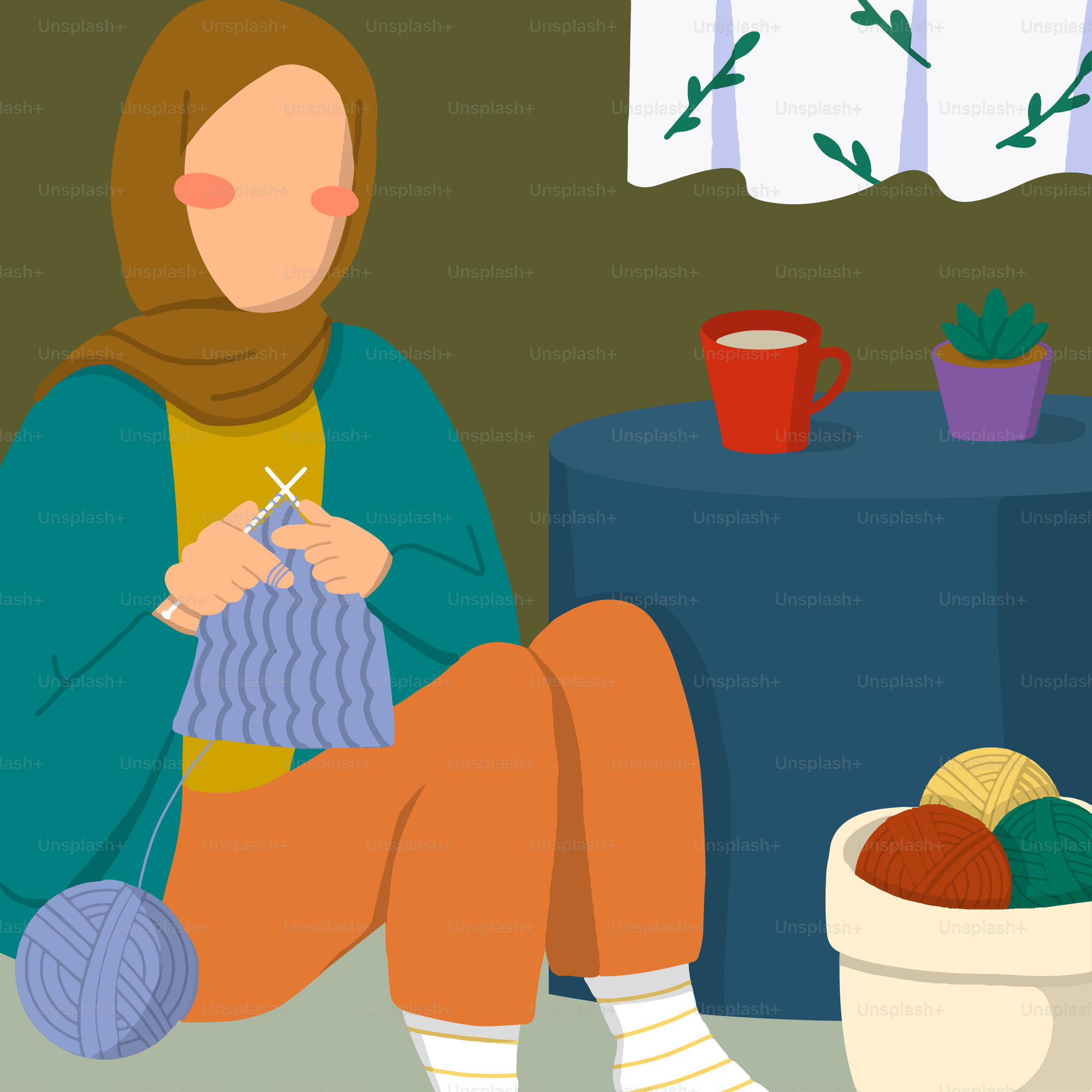 A woman sitting on the floor knitting a ball of yarn