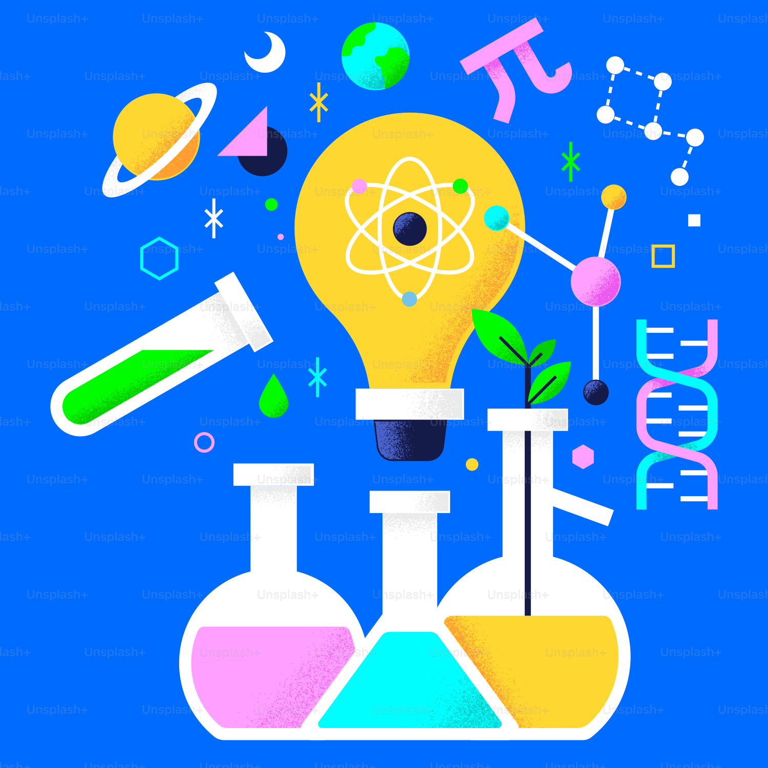 Un poster a tema scientifico con una lampadina e borracce