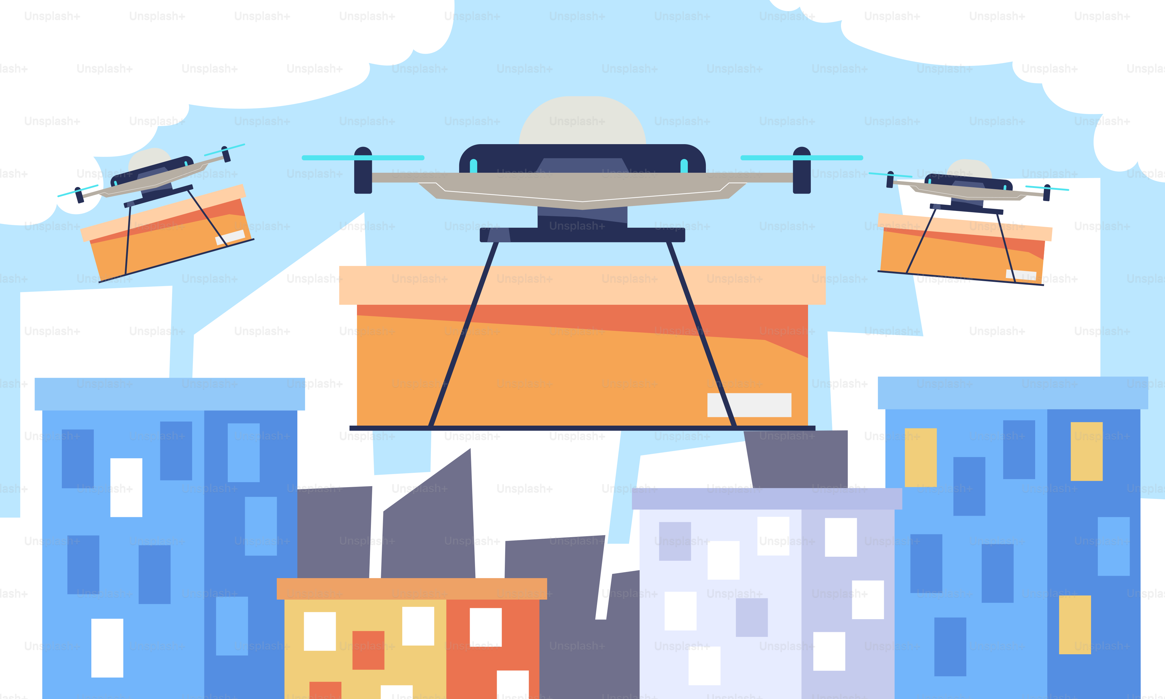 A city with buildings and a satellite dish in the sky