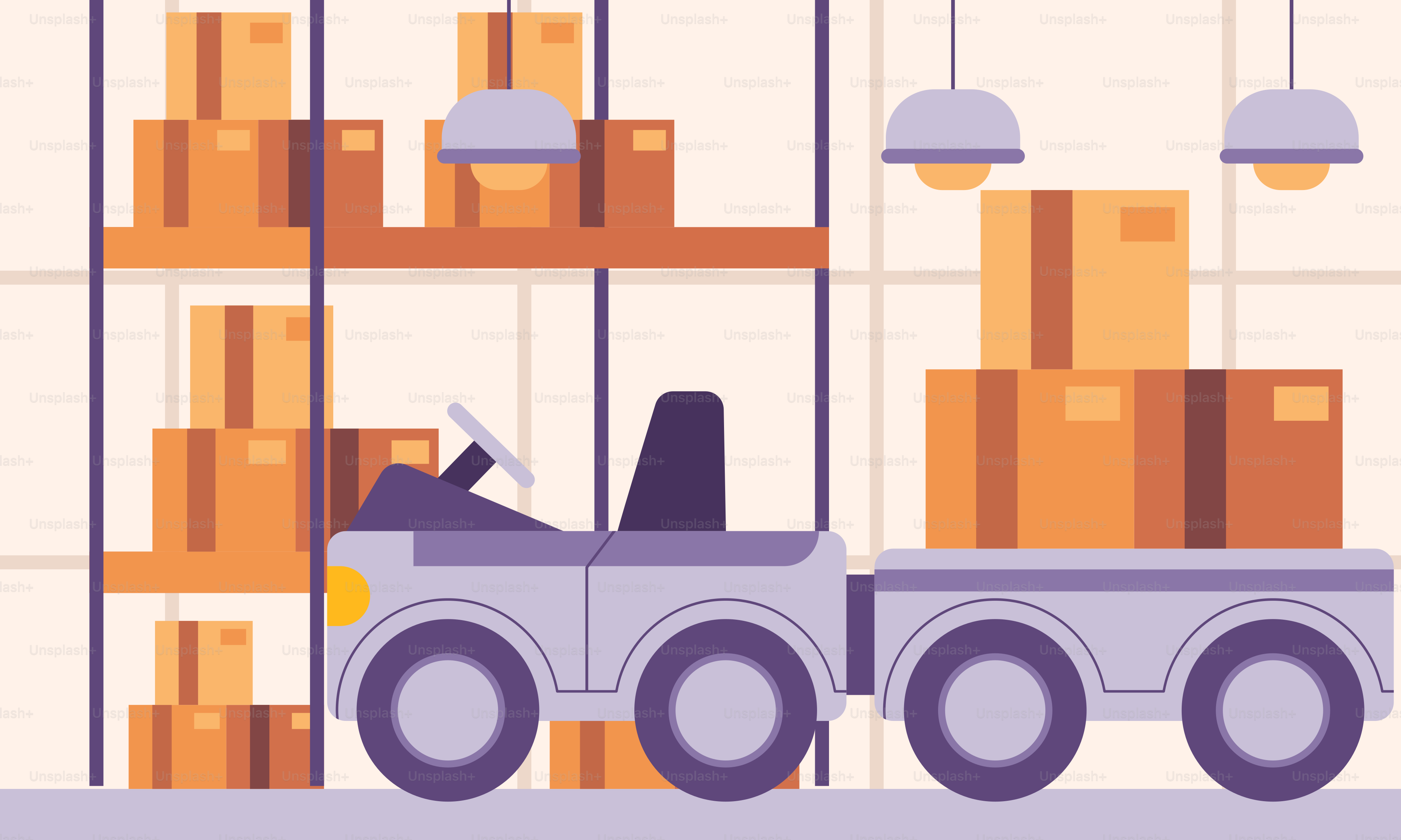 Un carrello elevatore con scatole su di esso in un magazzino