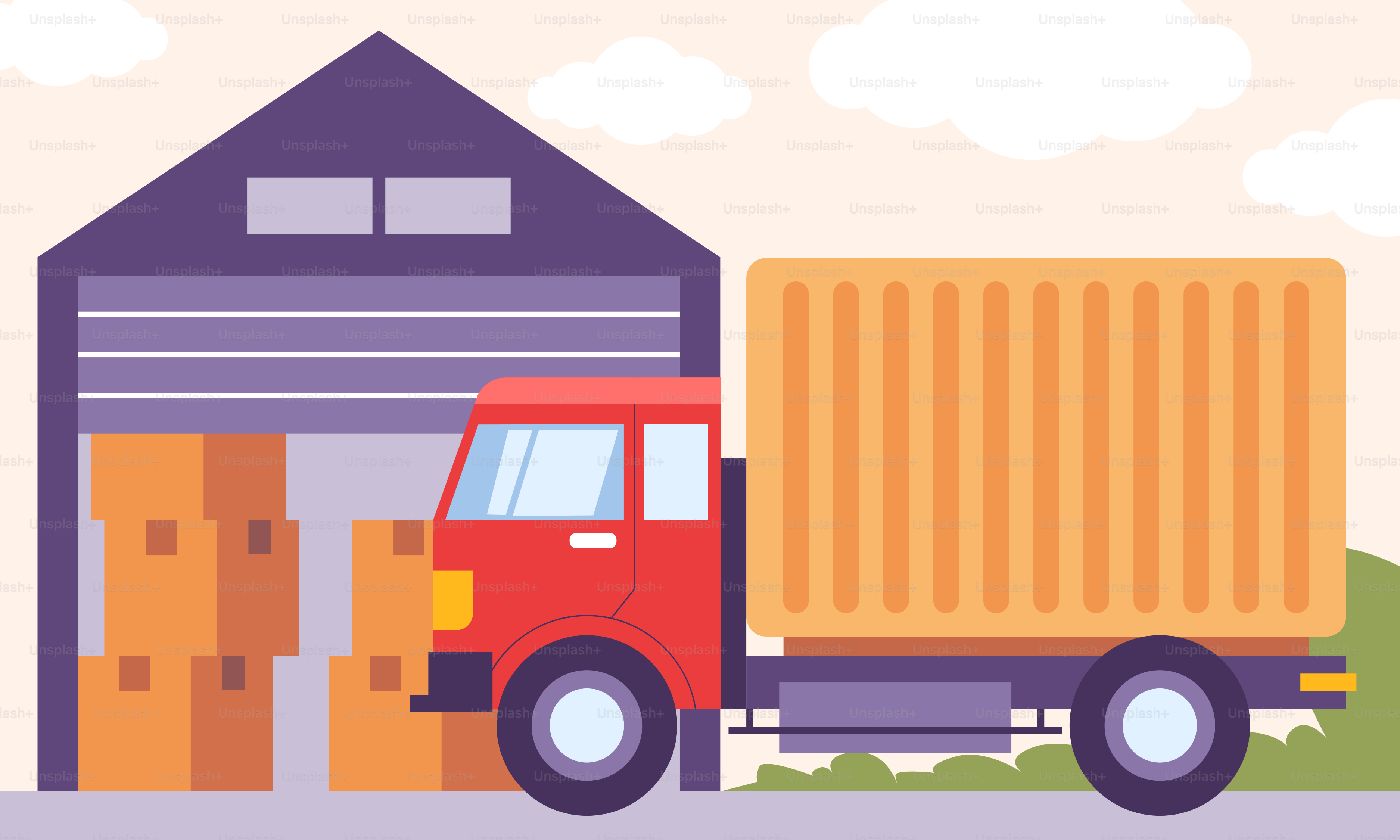 A red truck with a yellow box on the back of it