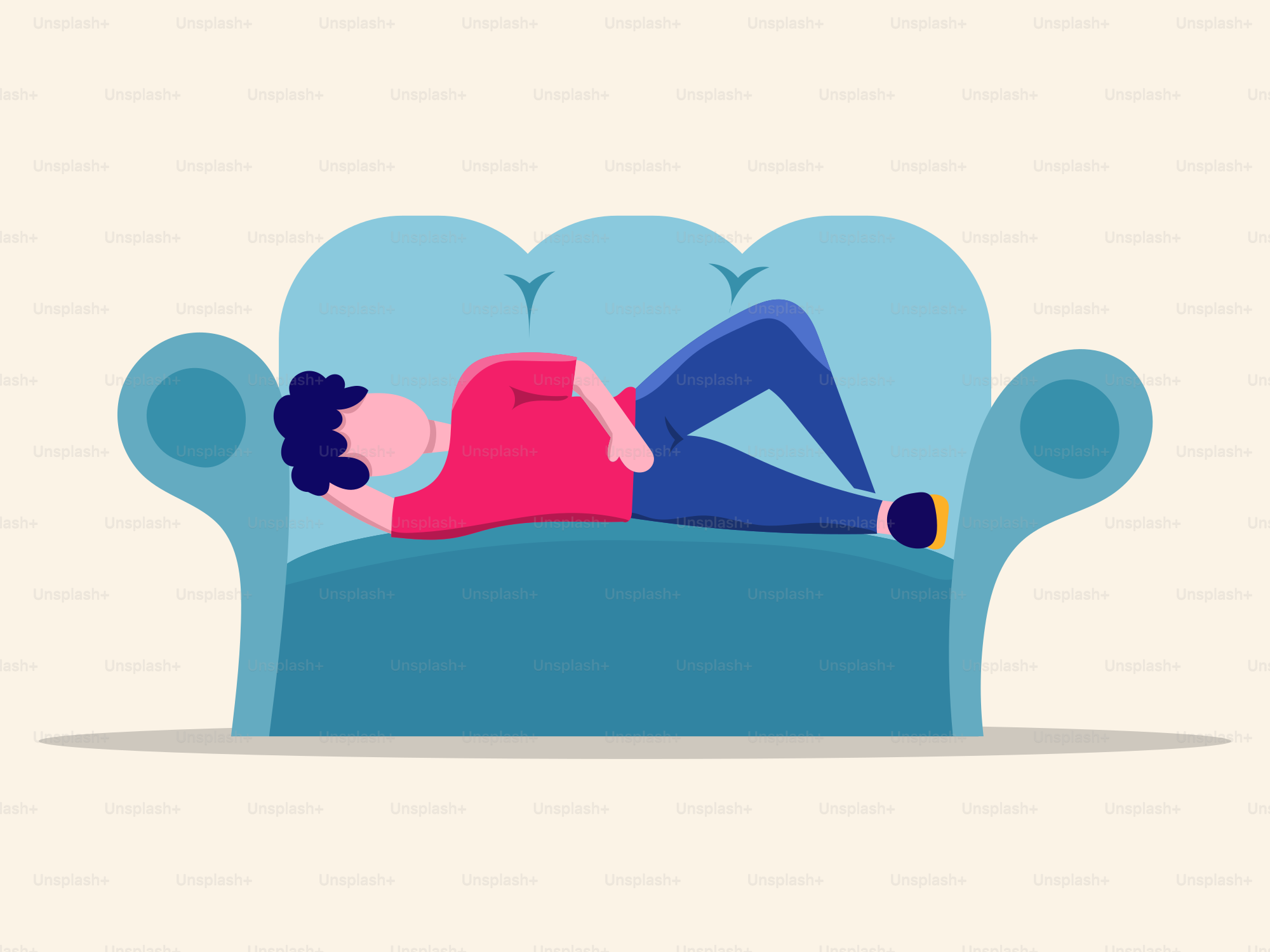 Um homem deitado em um sofá azul com a cabeça no travesseiro