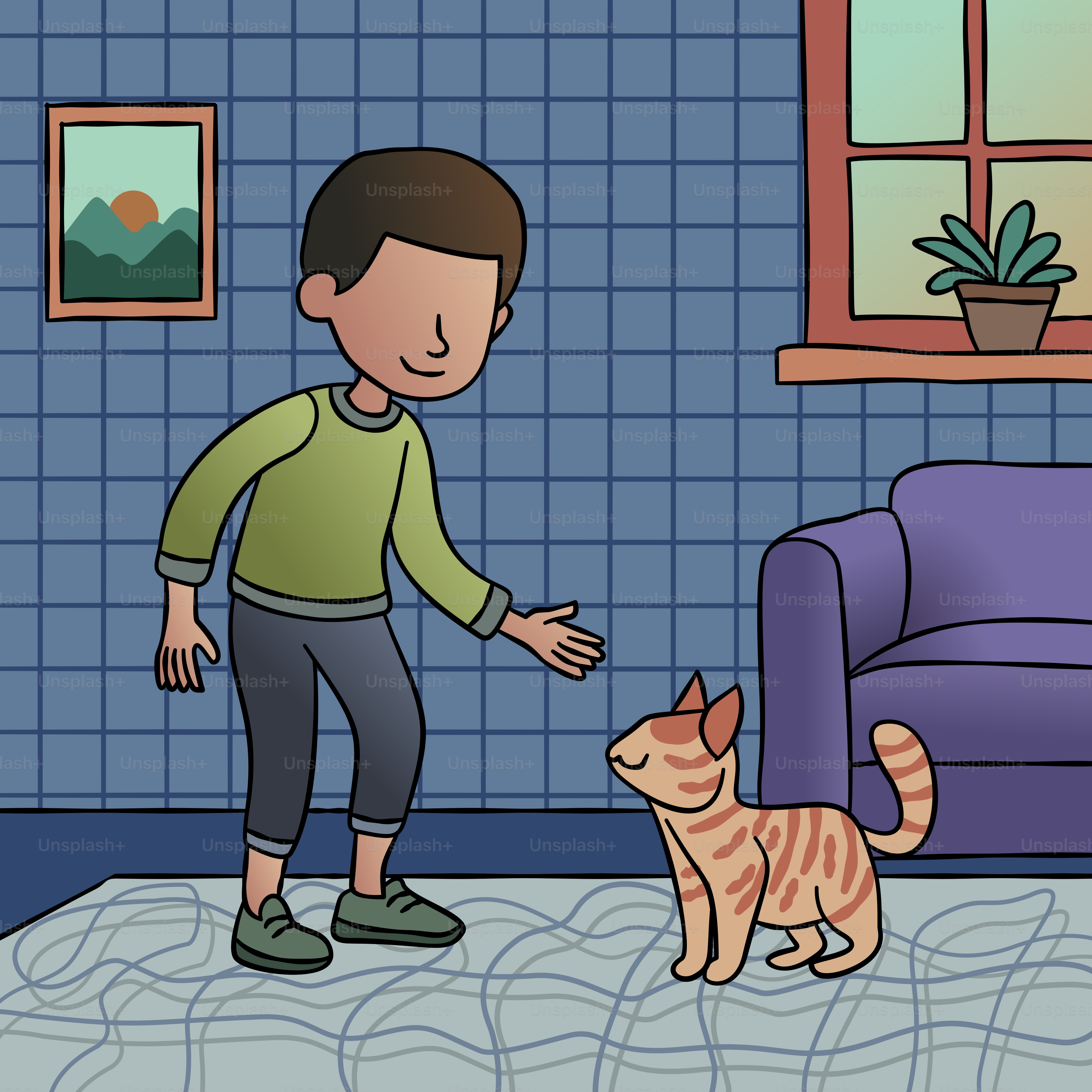 A man standing next to a cat in a living room