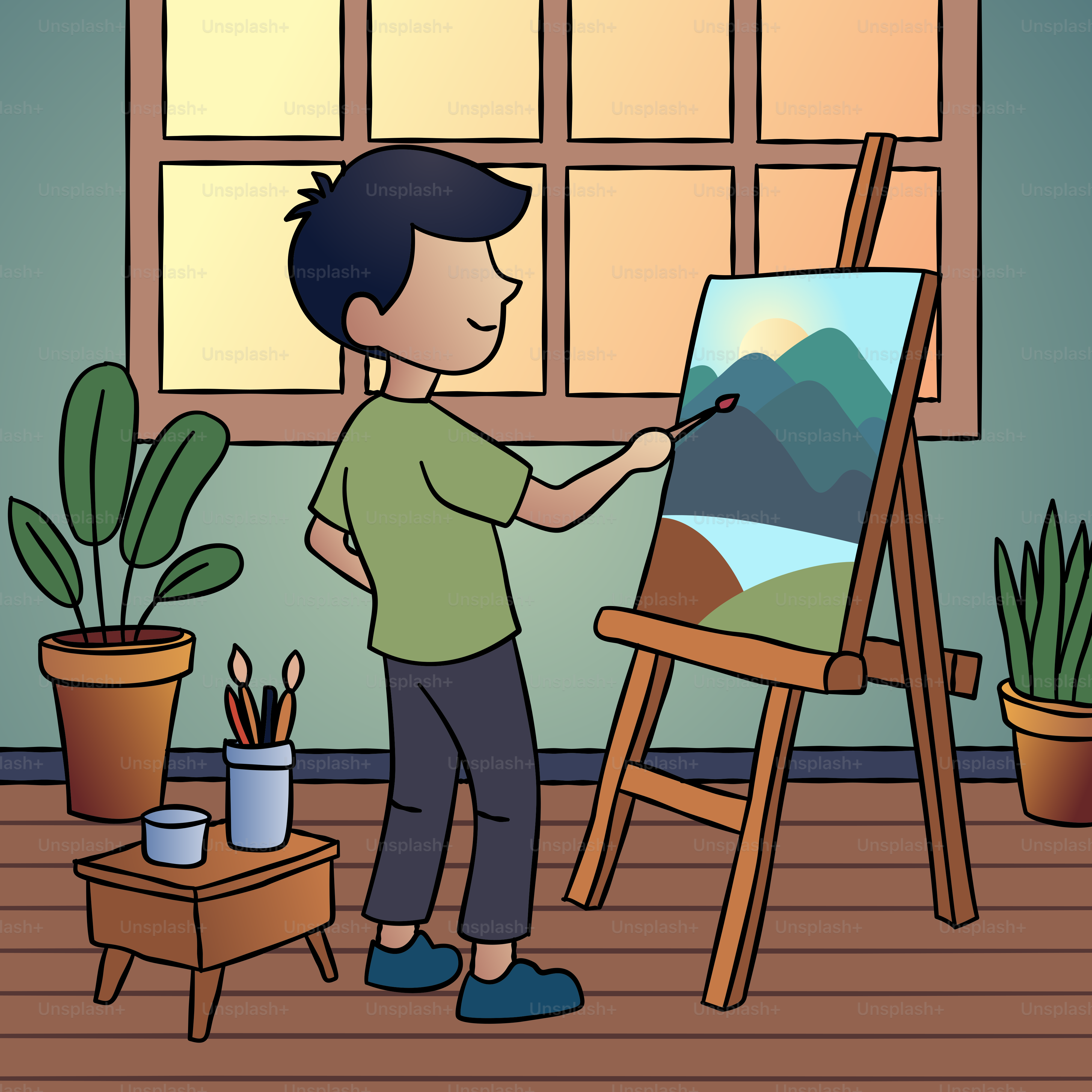 A man is painting a picture on a easel