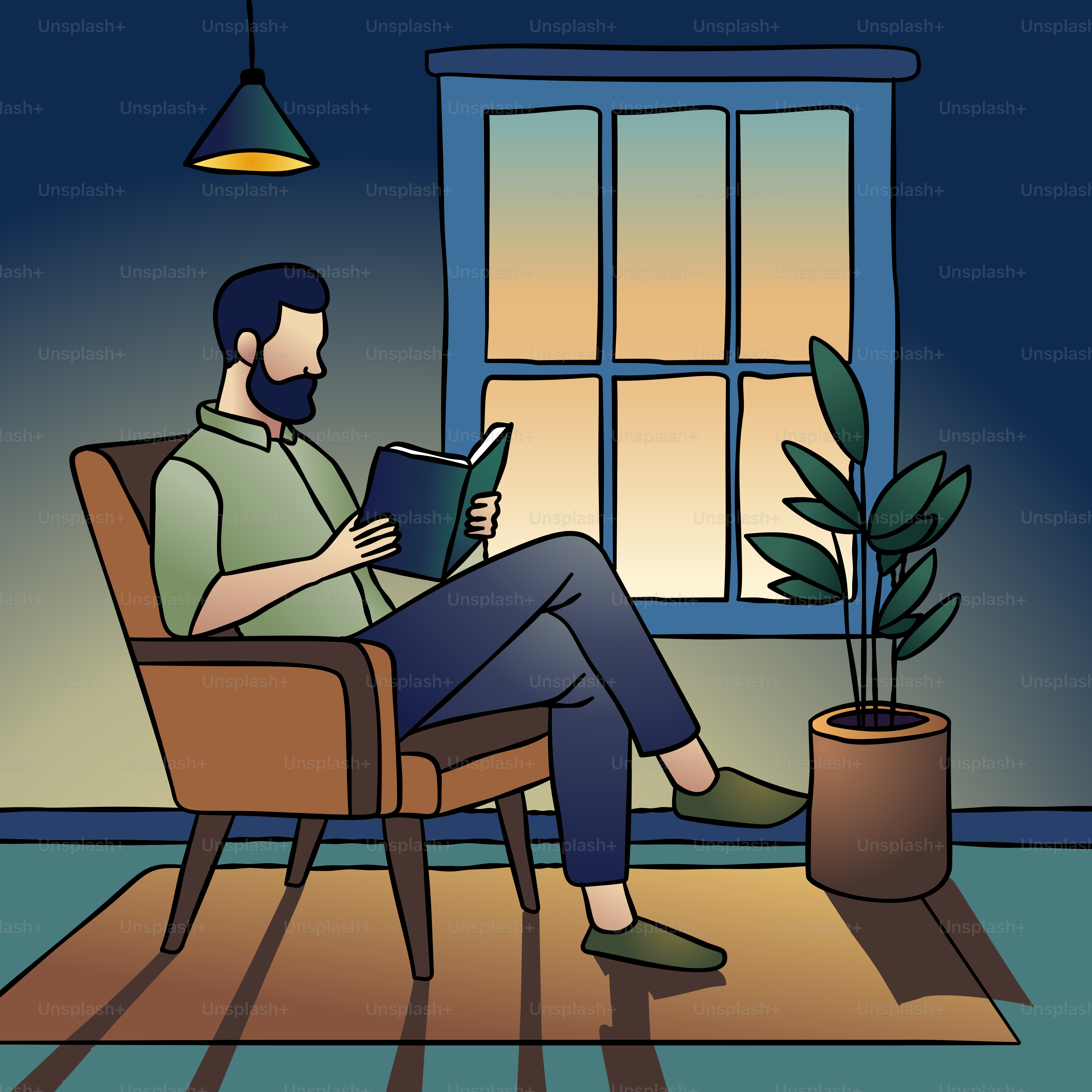 A man sitting in a chair reading a book