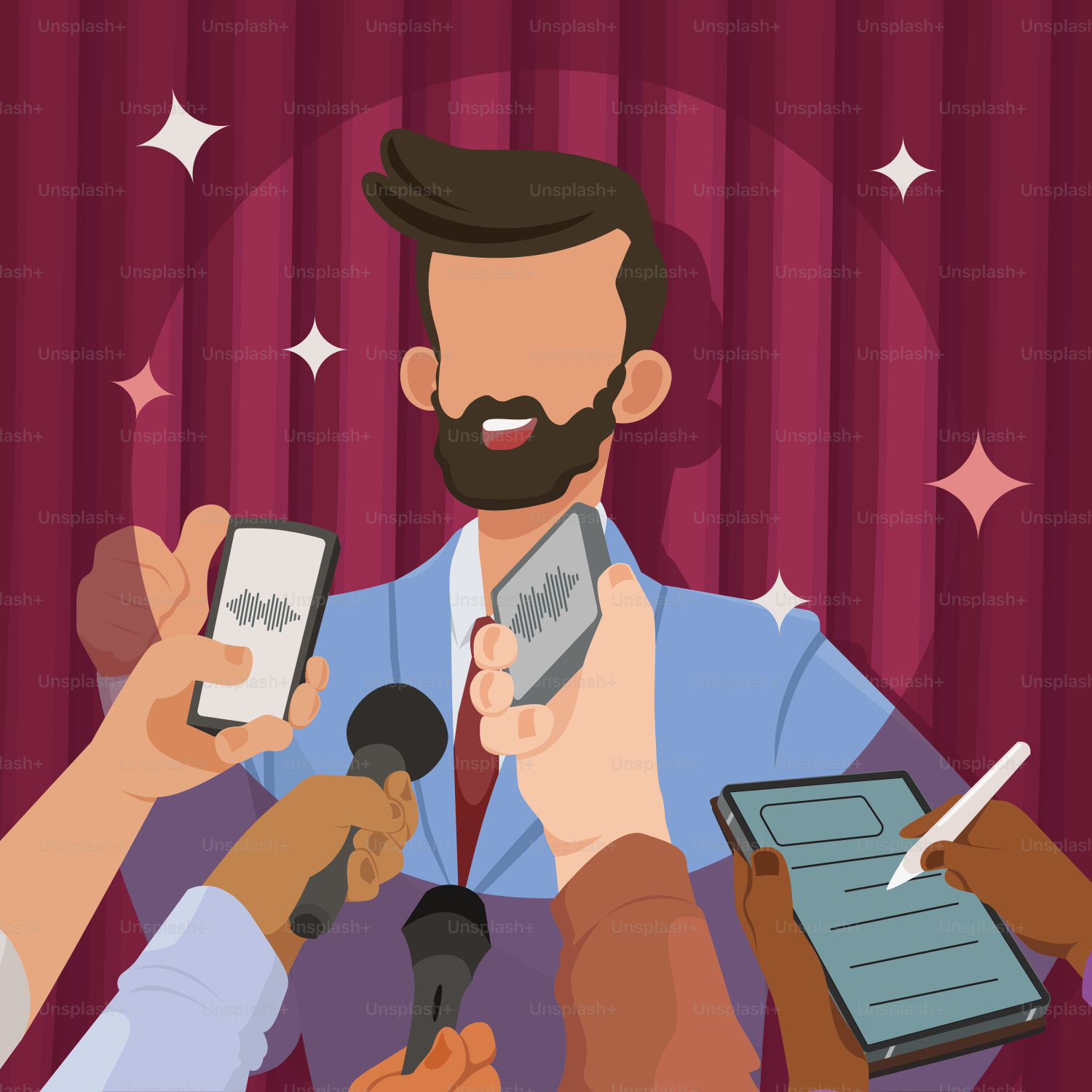 A man with a beard holding up two cell phones