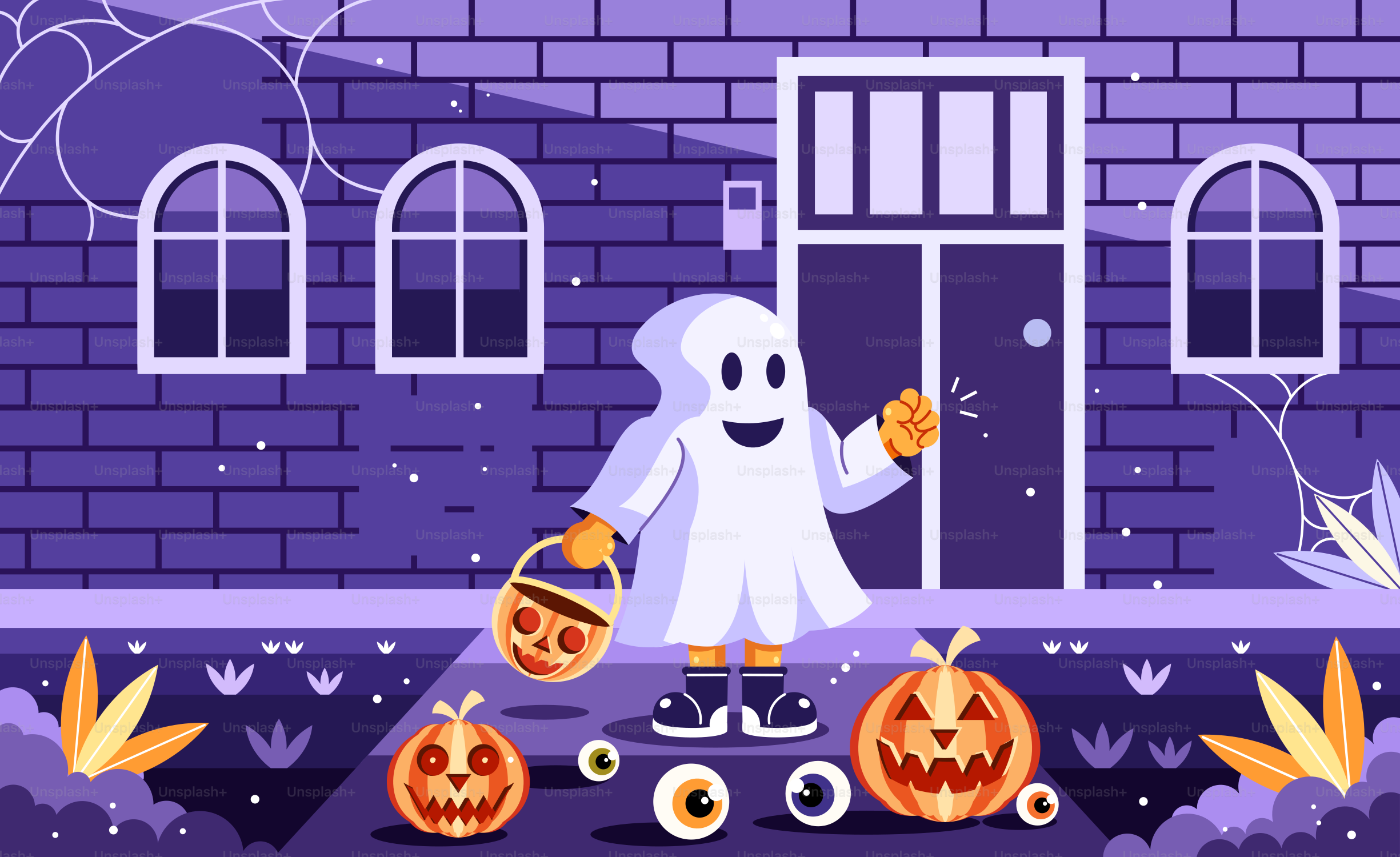 A halloween scene with a ghost and pumpkins