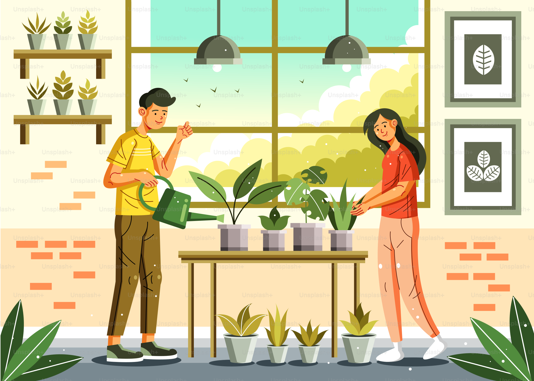 Ein Mann und eine Frau gießen Pflanzen