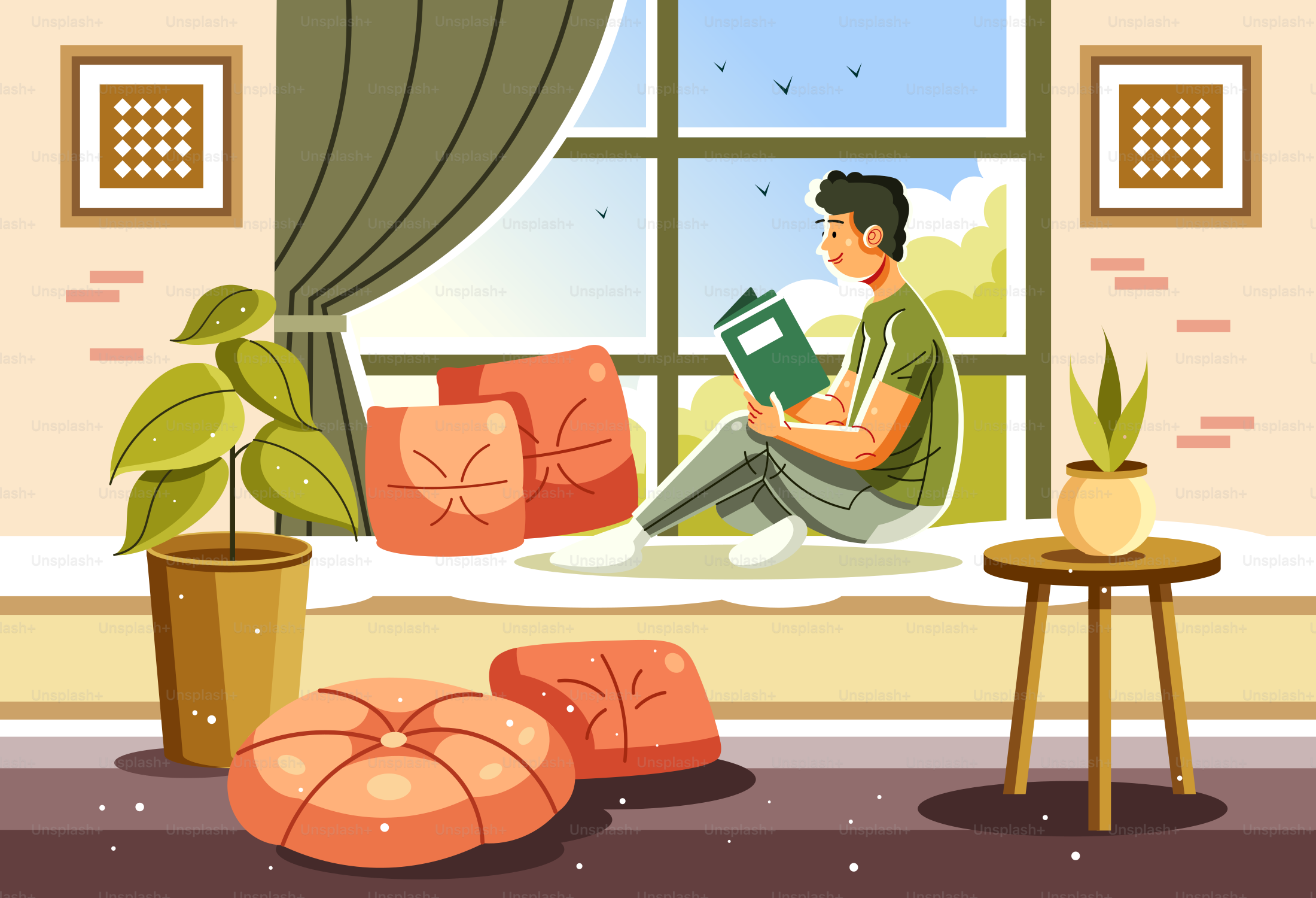 Un hombre sentado en el alféizar de una ventana leyendo un libro