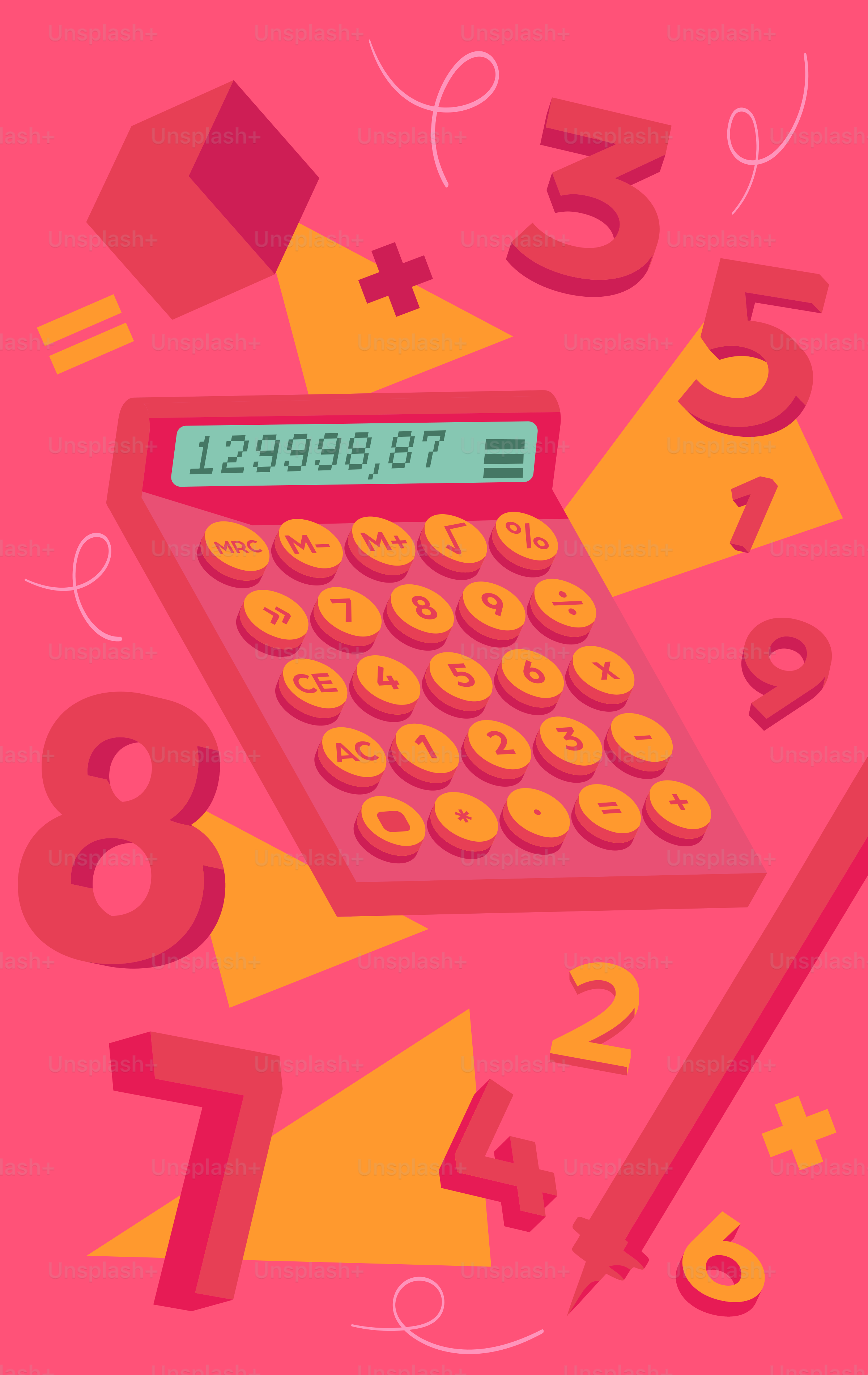 A pink background with a calculator and numbers