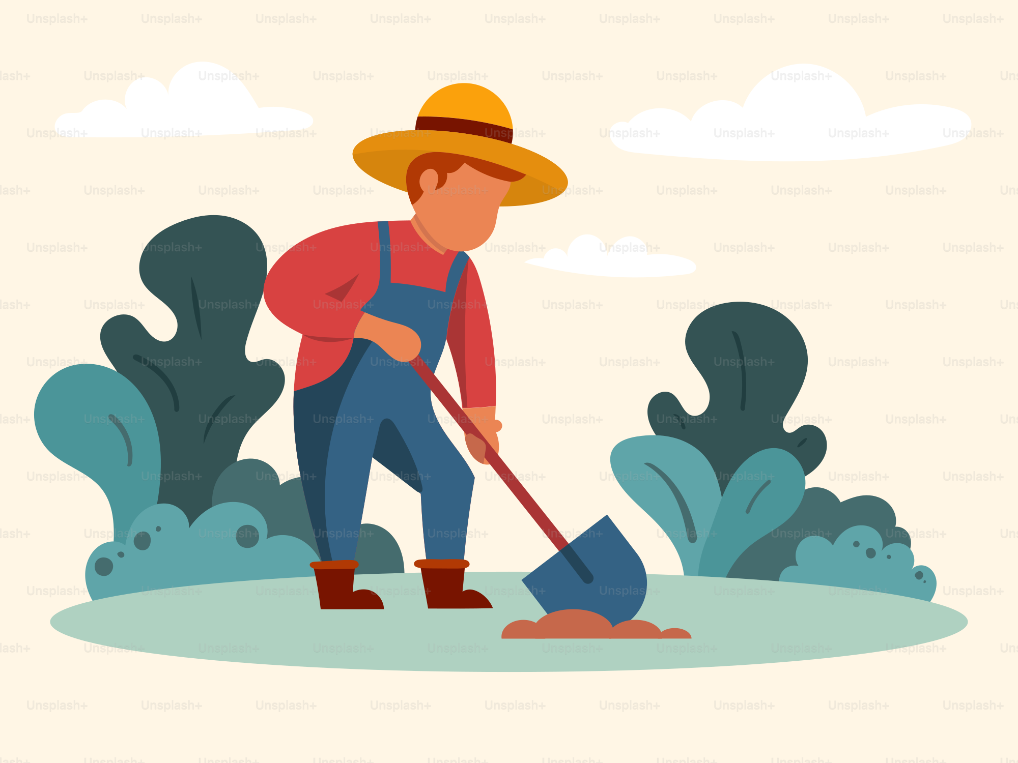 Un hombre con petos y un sombrero de paja con pala
