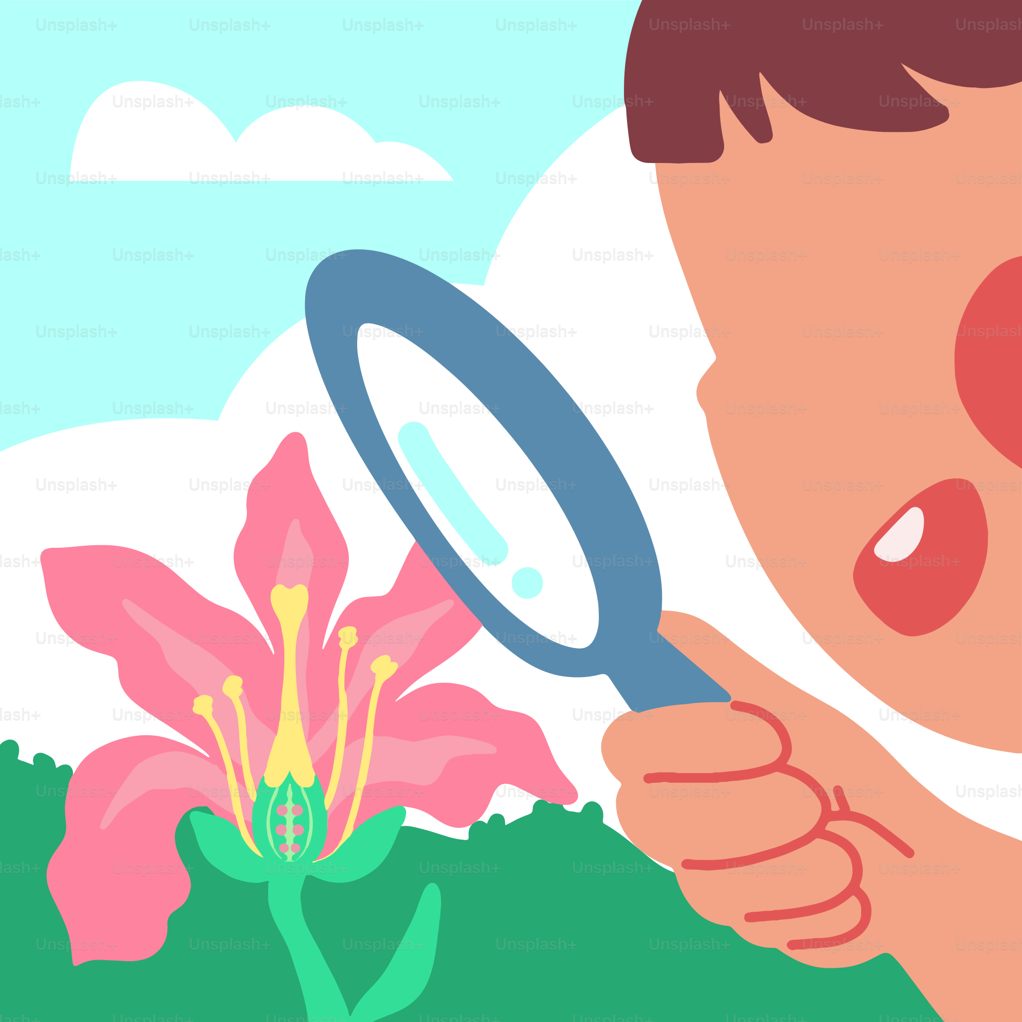 A boy looking through a magnifying glass at a flower